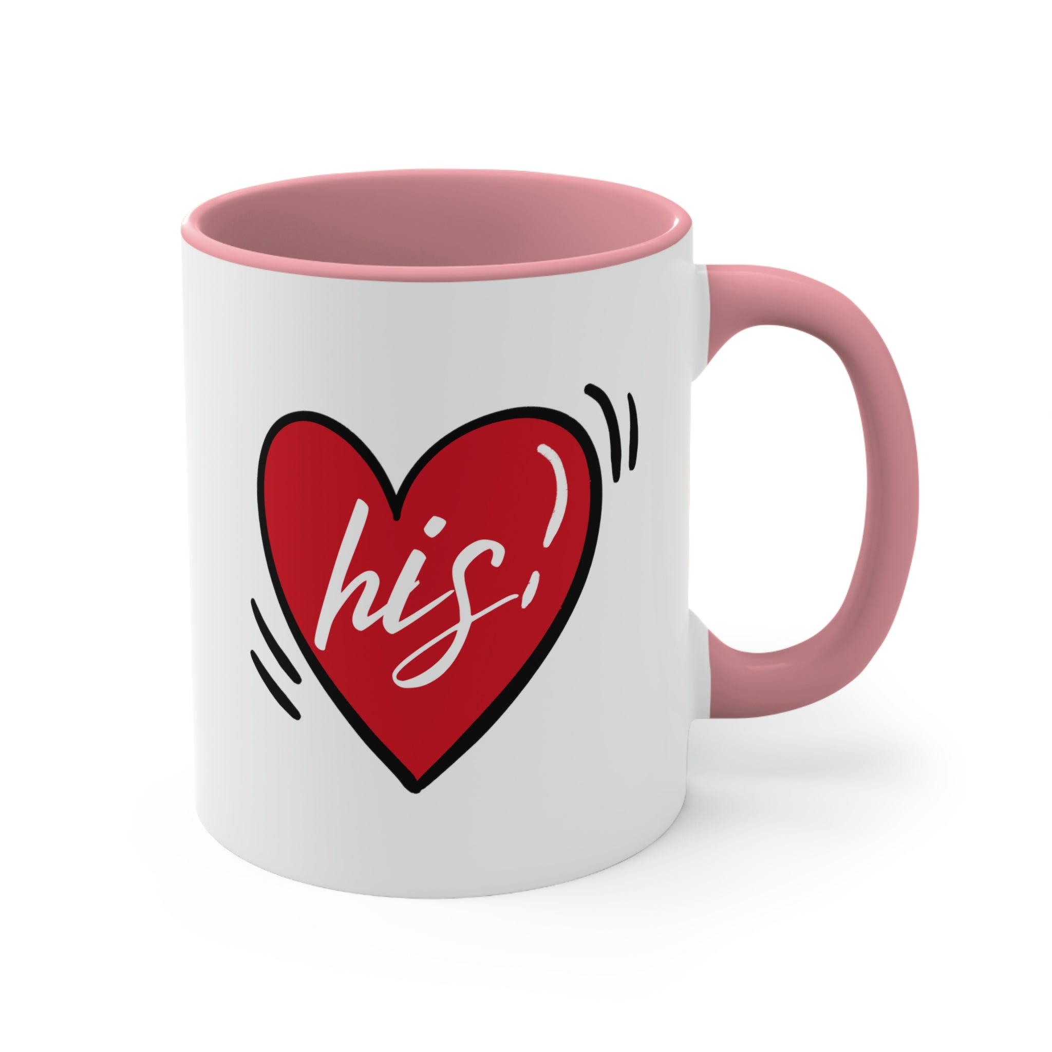 Two-tone ceramic mug with a white exterior and colored interior, featuring a comfortable C-handle, ideal for couples.