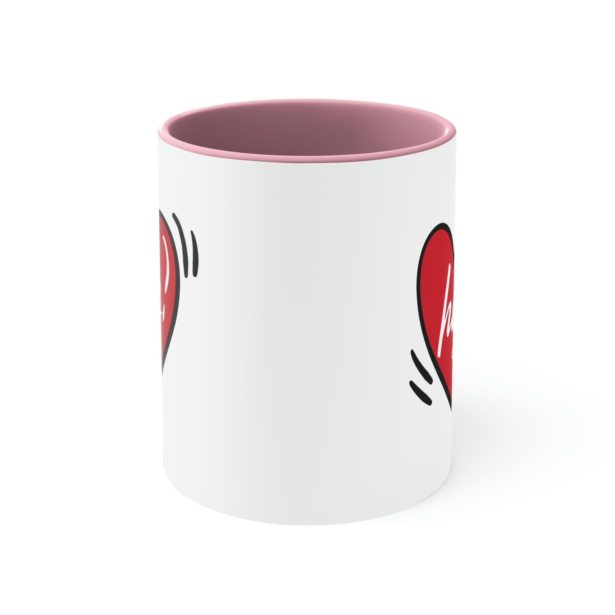 Two-tone ceramic mug with a white exterior and colored interior, featuring a comfortable C-handle, ideal for couples.