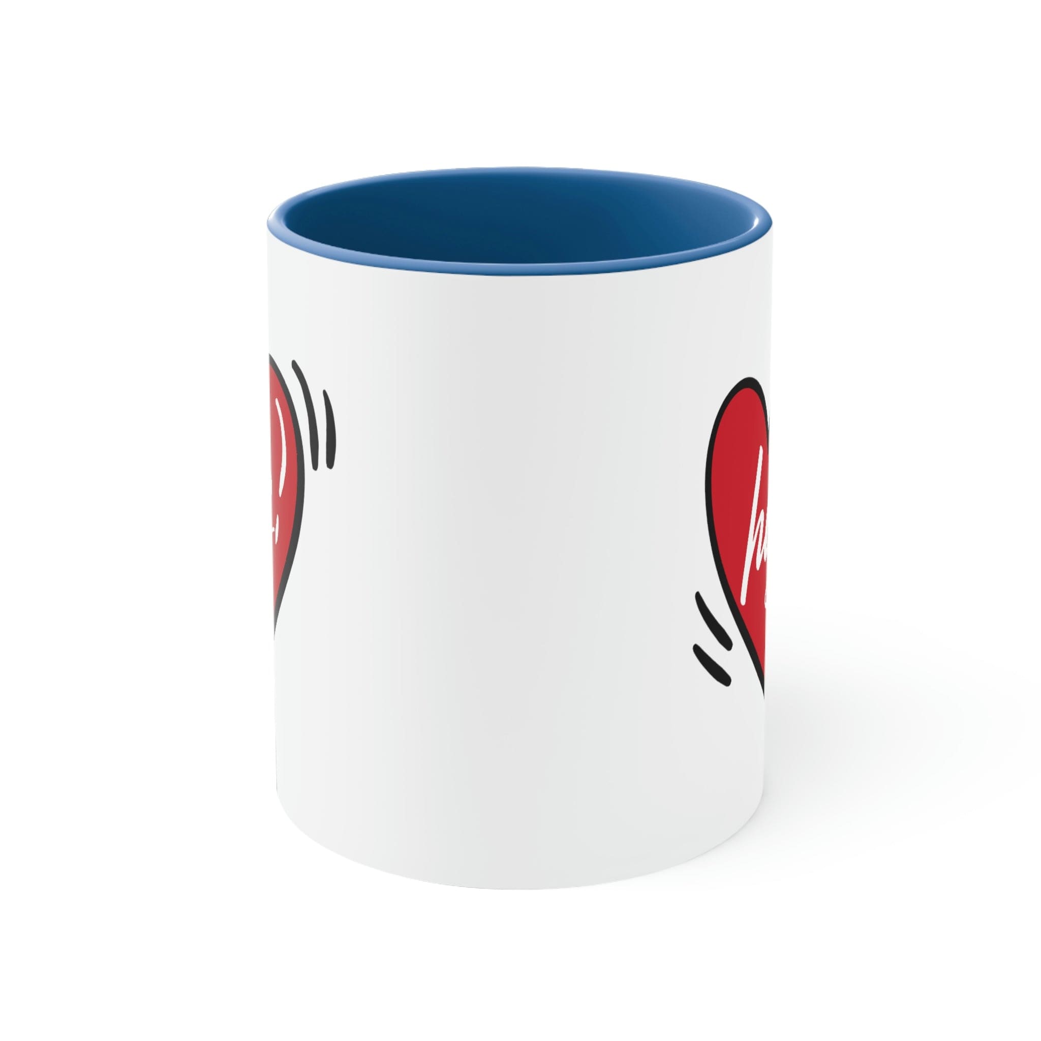 Two-tone ceramic mug with a white exterior and colored interior, featuring a comfortable C-handle, ideal for couples.