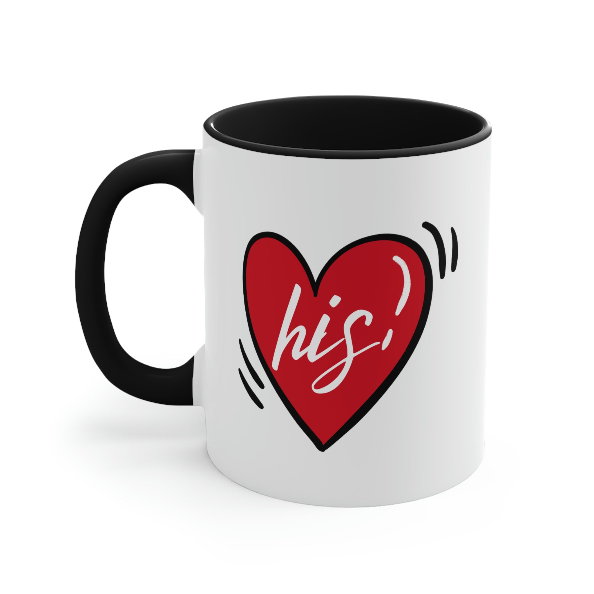 Two-tone ceramic mug with a white exterior and colored interior, featuring a comfortable C-handle, ideal for couples.