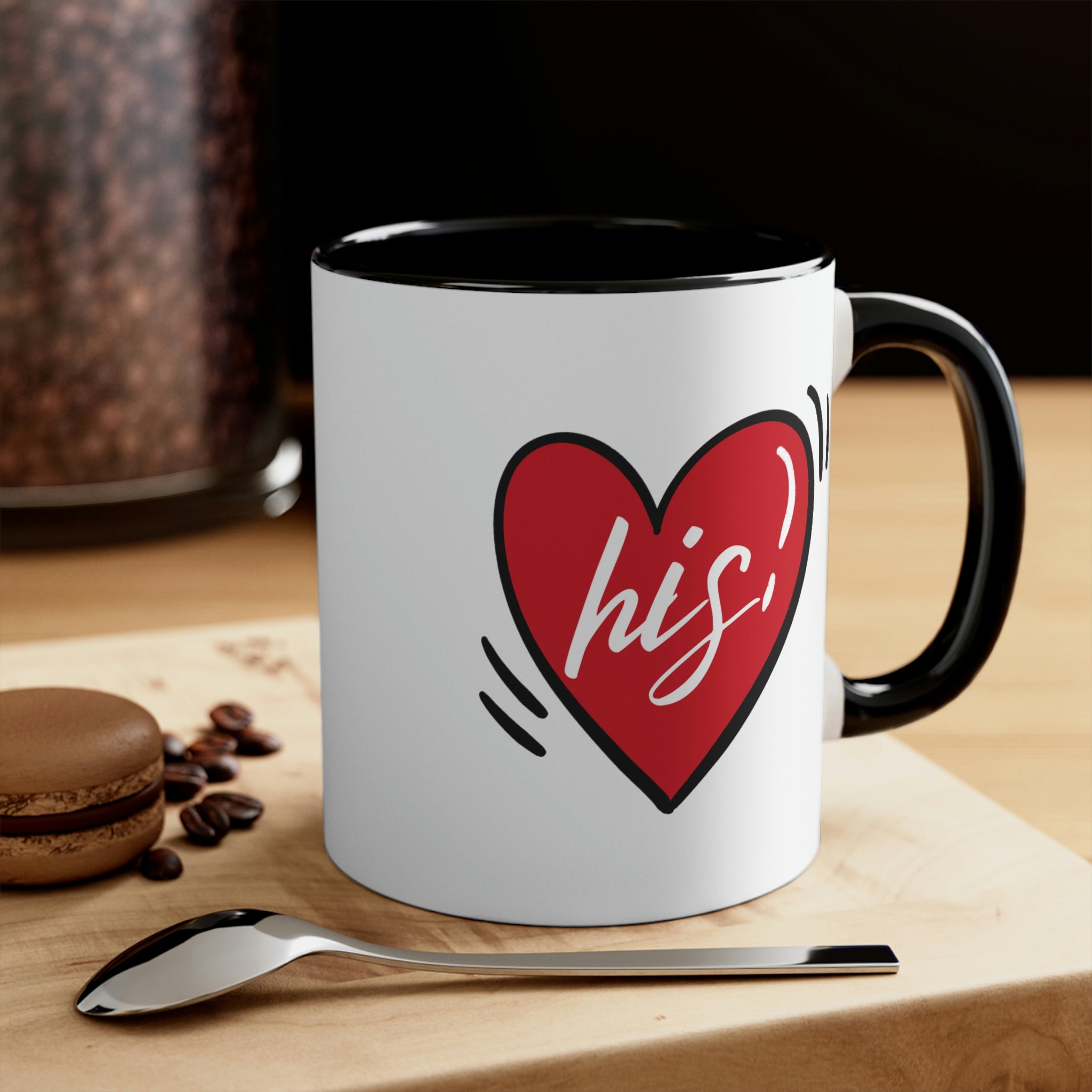 Two-tone ceramic mug with a white exterior and colored interior, featuring a comfortable C-handle, ideal for couples.