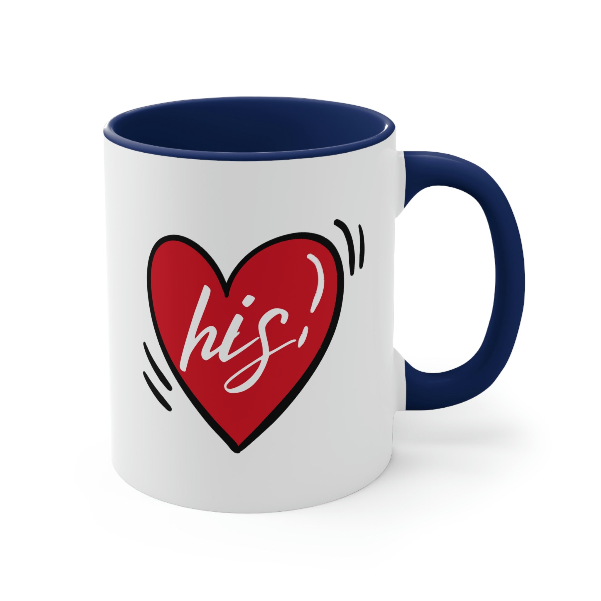 Two-tone ceramic mug with a white exterior and colored interior, featuring a comfortable C-handle, ideal for couples.