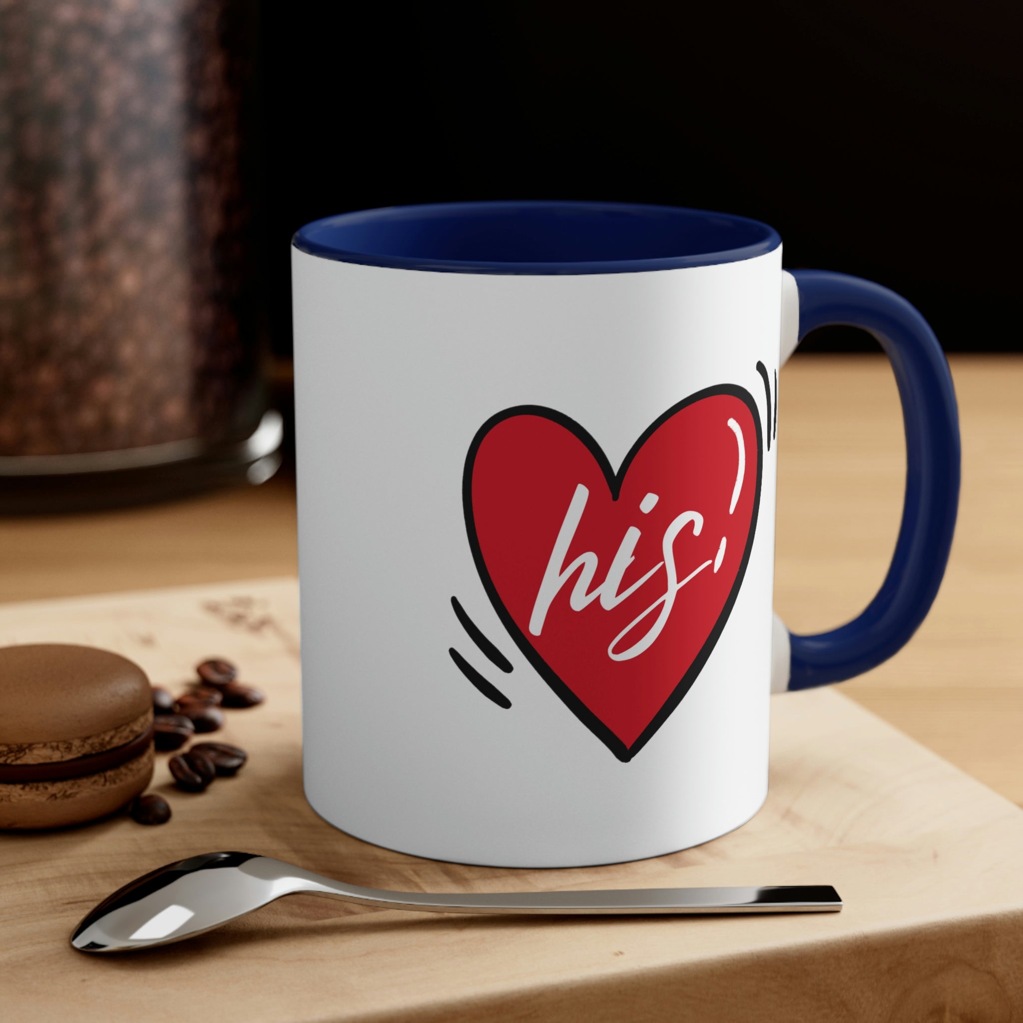 Two-tone ceramic mug with a white exterior and colored interior, featuring a comfortable C-handle, ideal for couples.