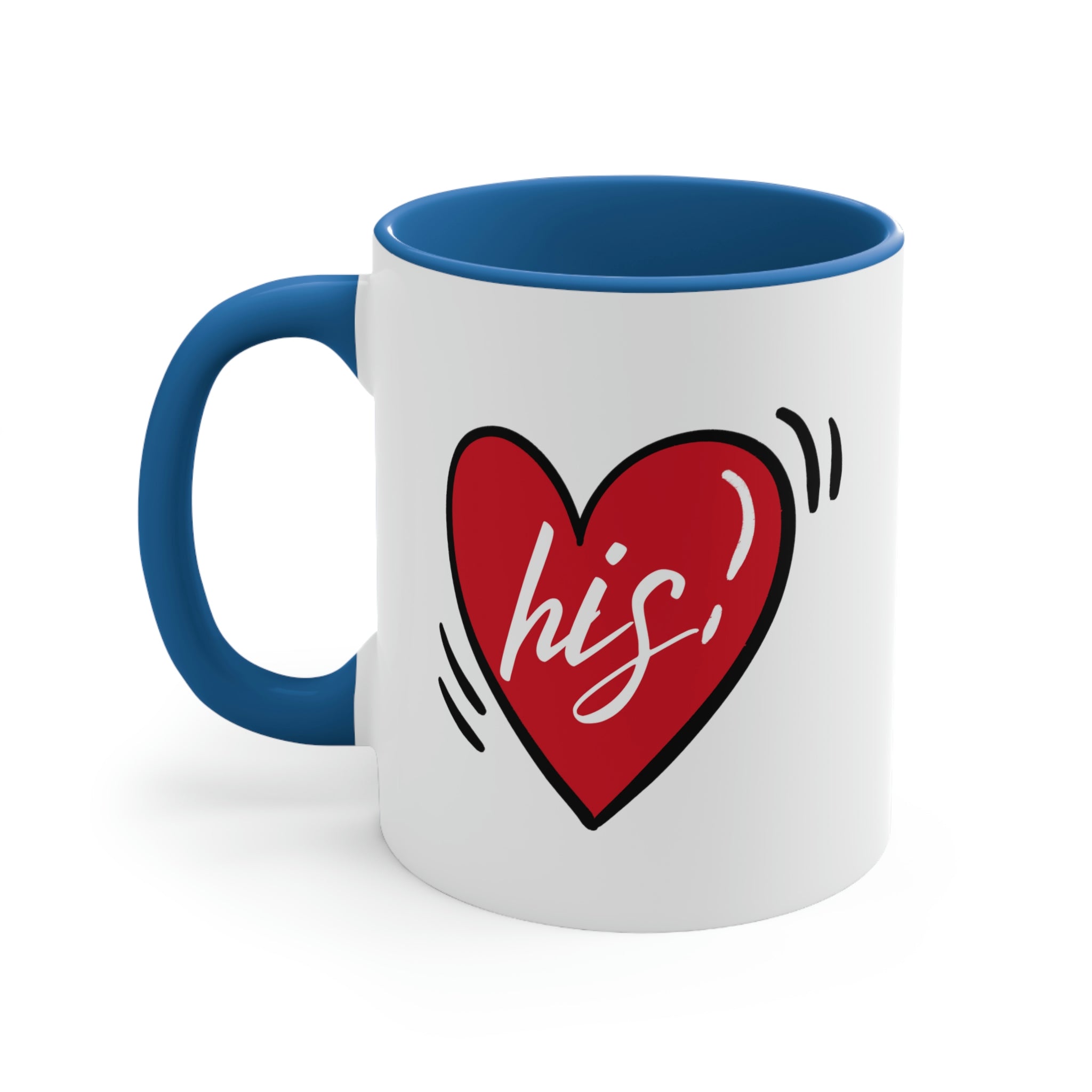 Two-tone ceramic mug with a white exterior and colored interior, featuring a comfortable C-handle, ideal for couples.