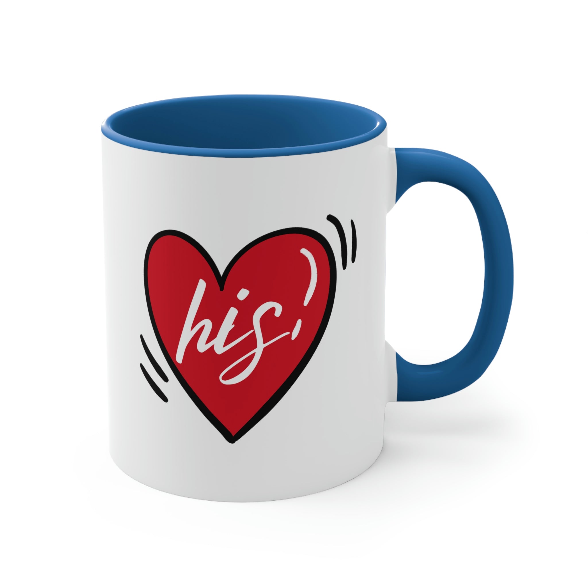 Two-tone ceramic mug with a white exterior and colored interior, featuring a comfortable C-handle, ideal for couples.