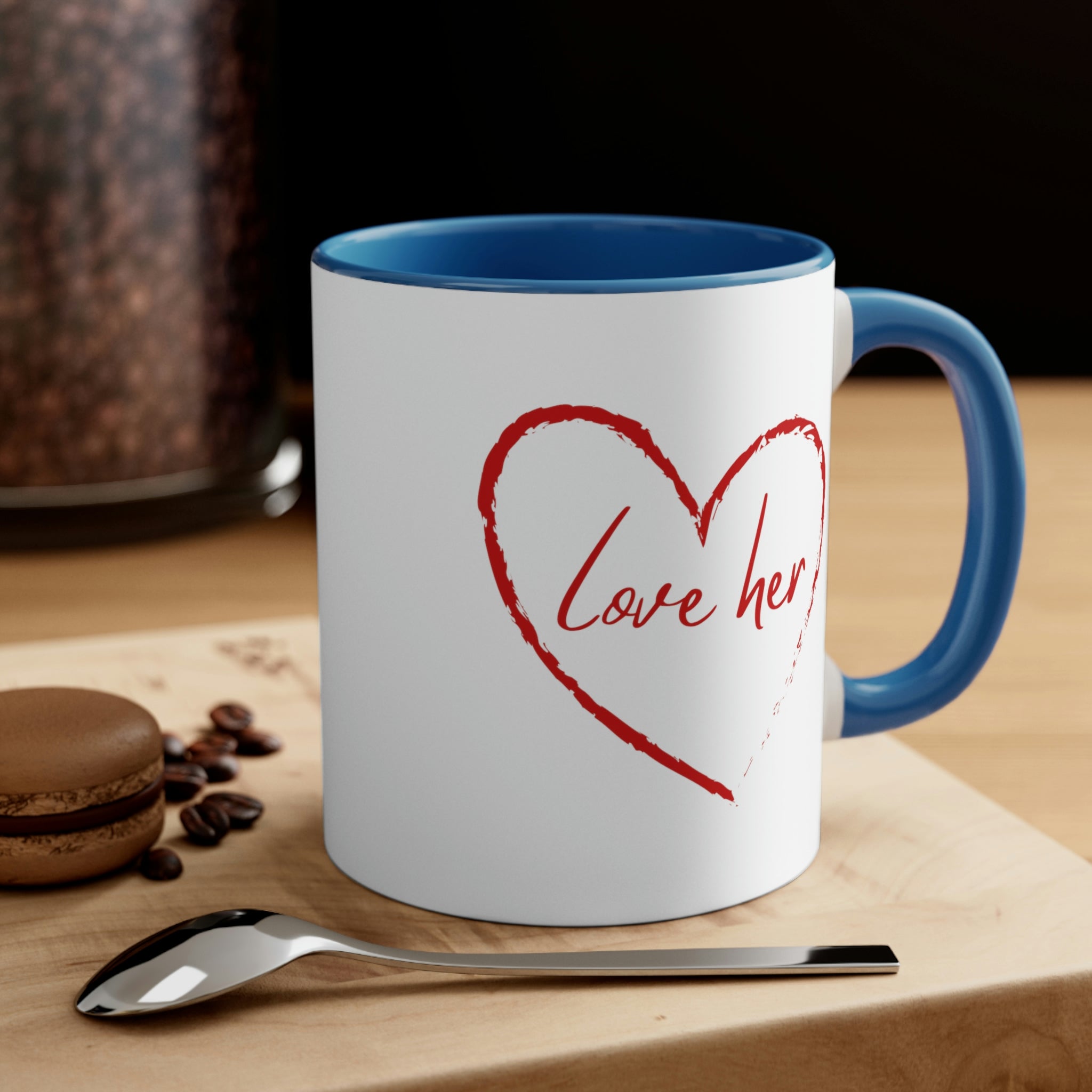 Two-tone Accent Ceramic Mug 11oz in red with a comfortable C-handle and contrasting interior, perfect for coffee lovers.