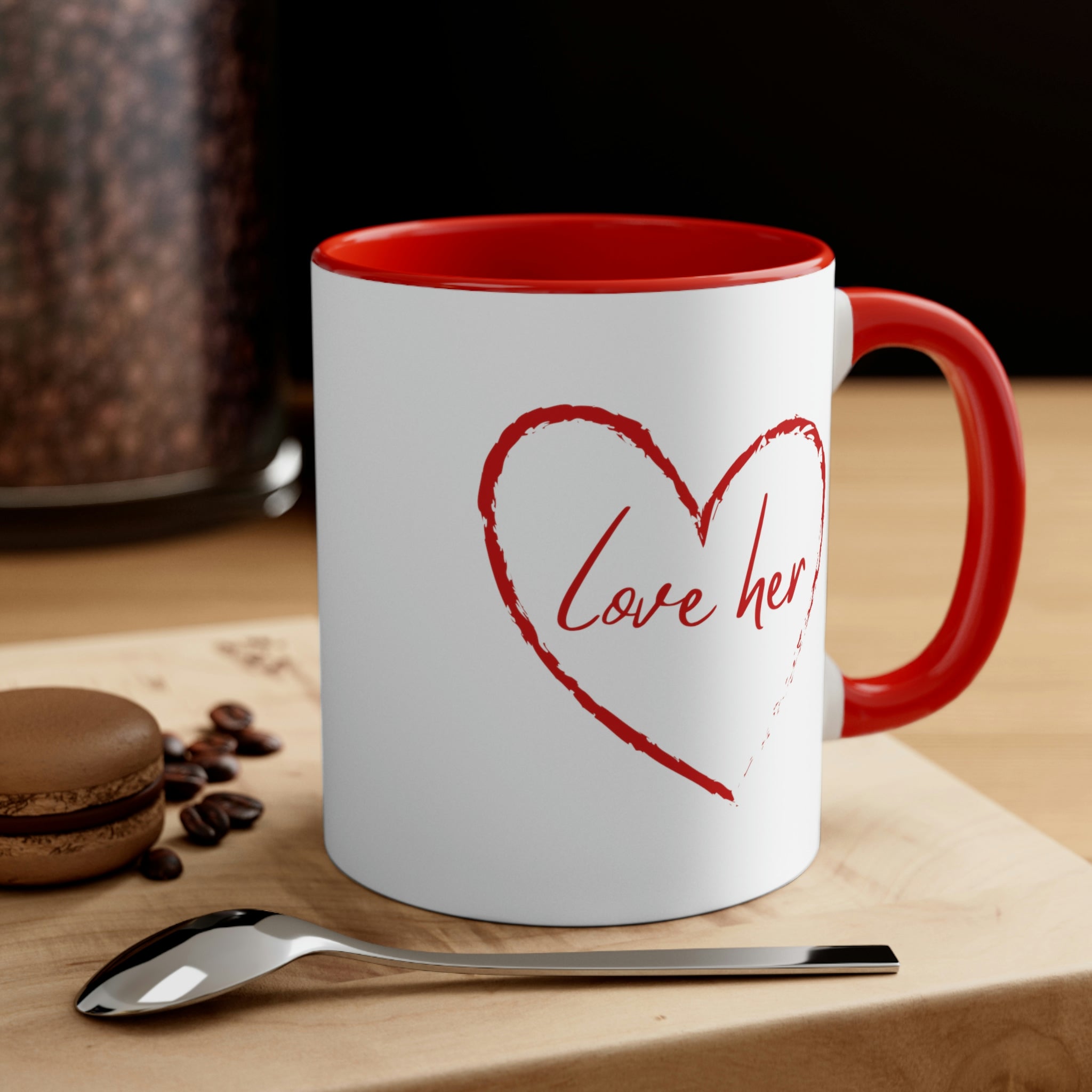 Two-tone Accent Ceramic Mug 11oz in red with a comfortable C-handle and contrasting interior, perfect for coffee lovers.