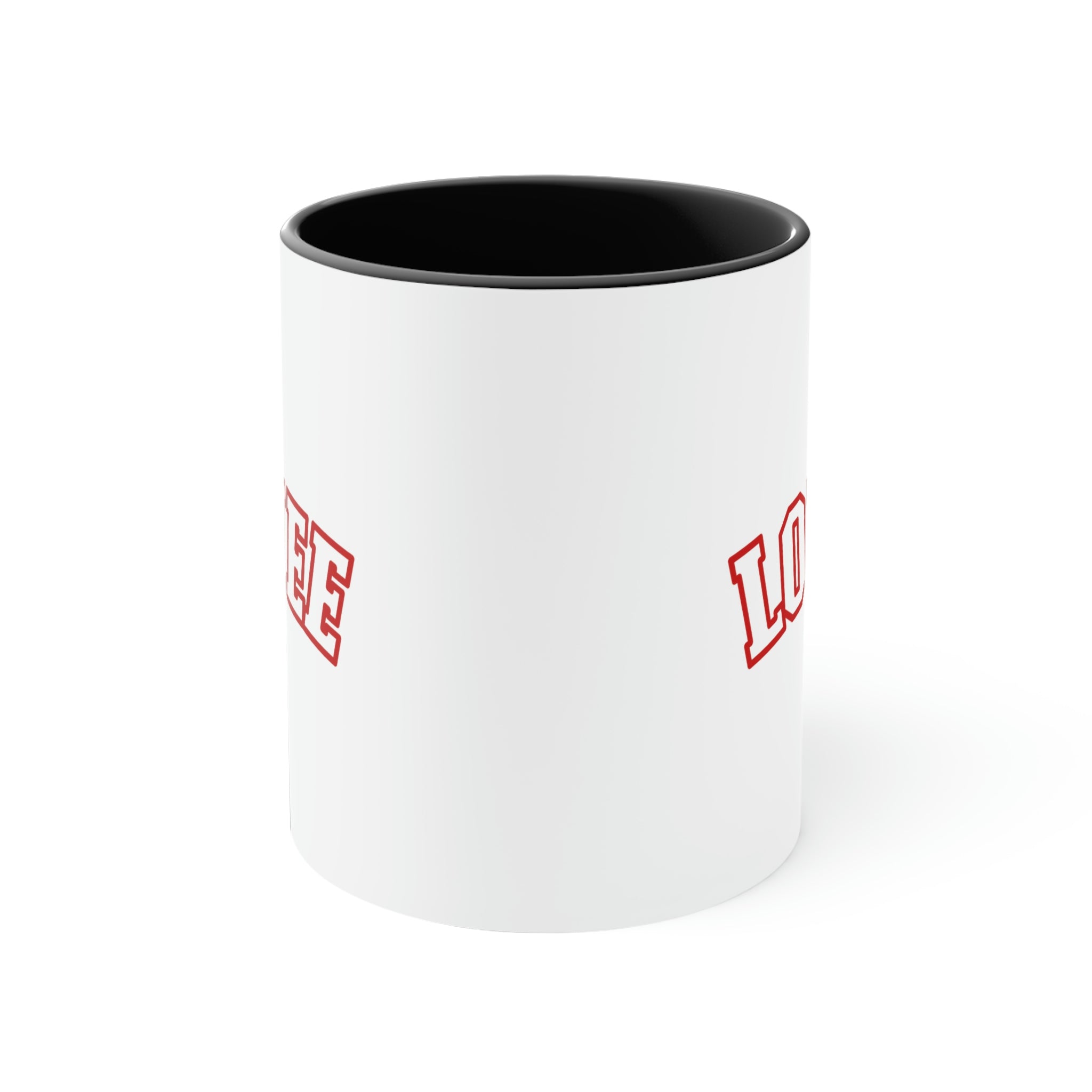 Two-tone ceramic mug with a white exterior and colored interior, featuring a comfortable C-handle.