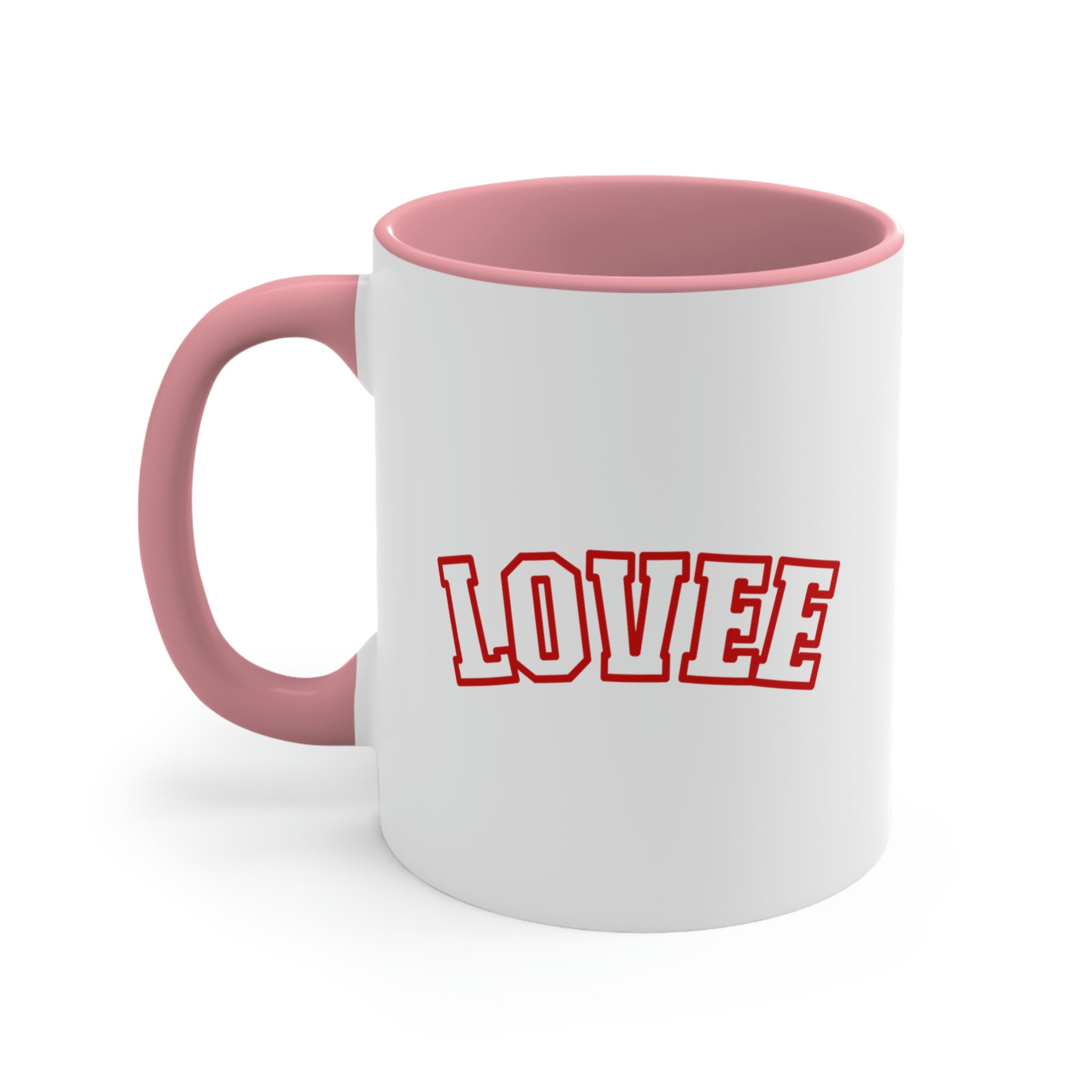 Two-tone ceramic mug with a white exterior and colored interior, featuring a comfortable C-handle.