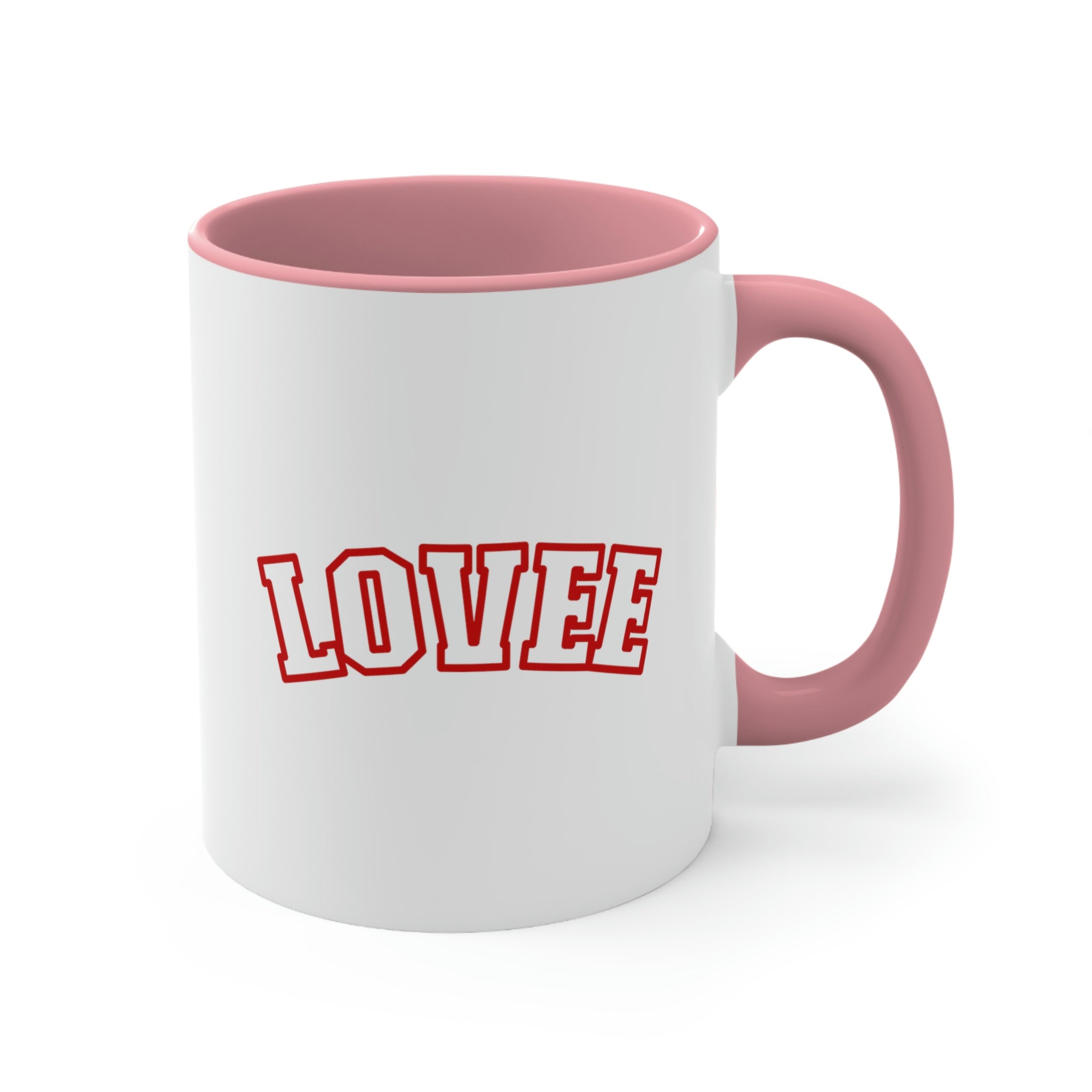 Two-tone ceramic mug with a white exterior and colored interior, featuring a comfortable C-handle.