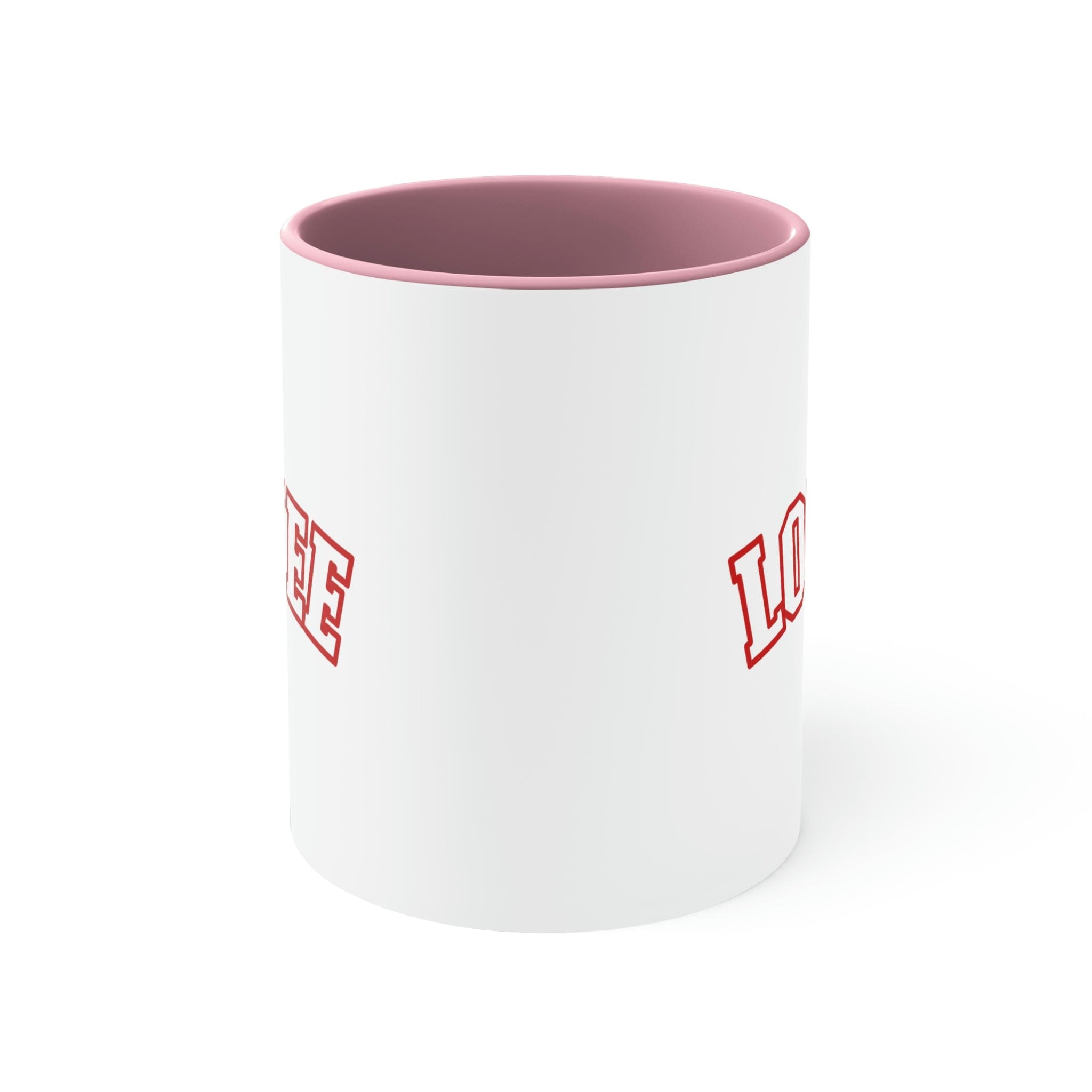 Two-tone ceramic mug with a white exterior and colored interior, featuring a comfortable C-handle.