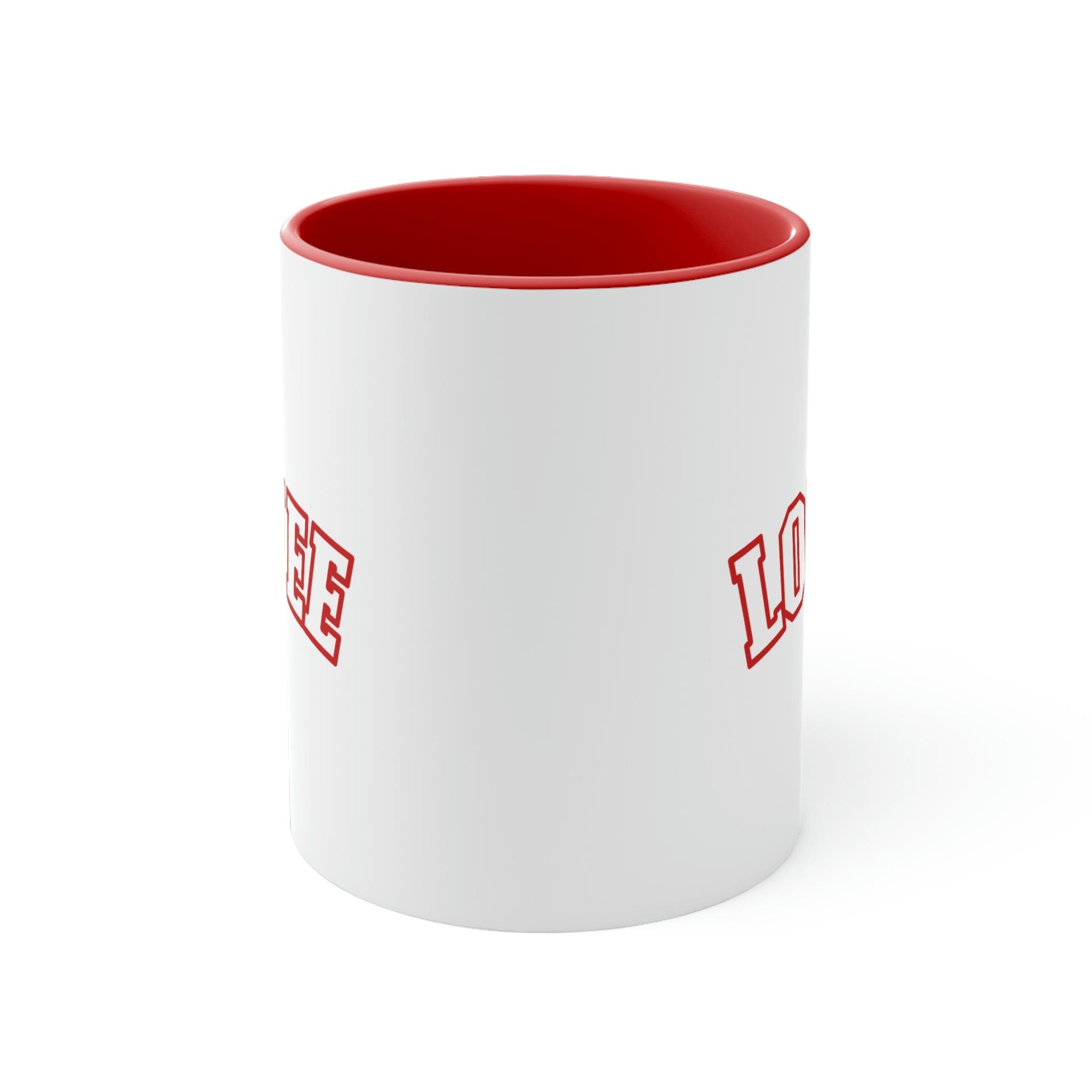 Two-tone ceramic mug with a white exterior and colored interior, featuring a comfortable C-handle.