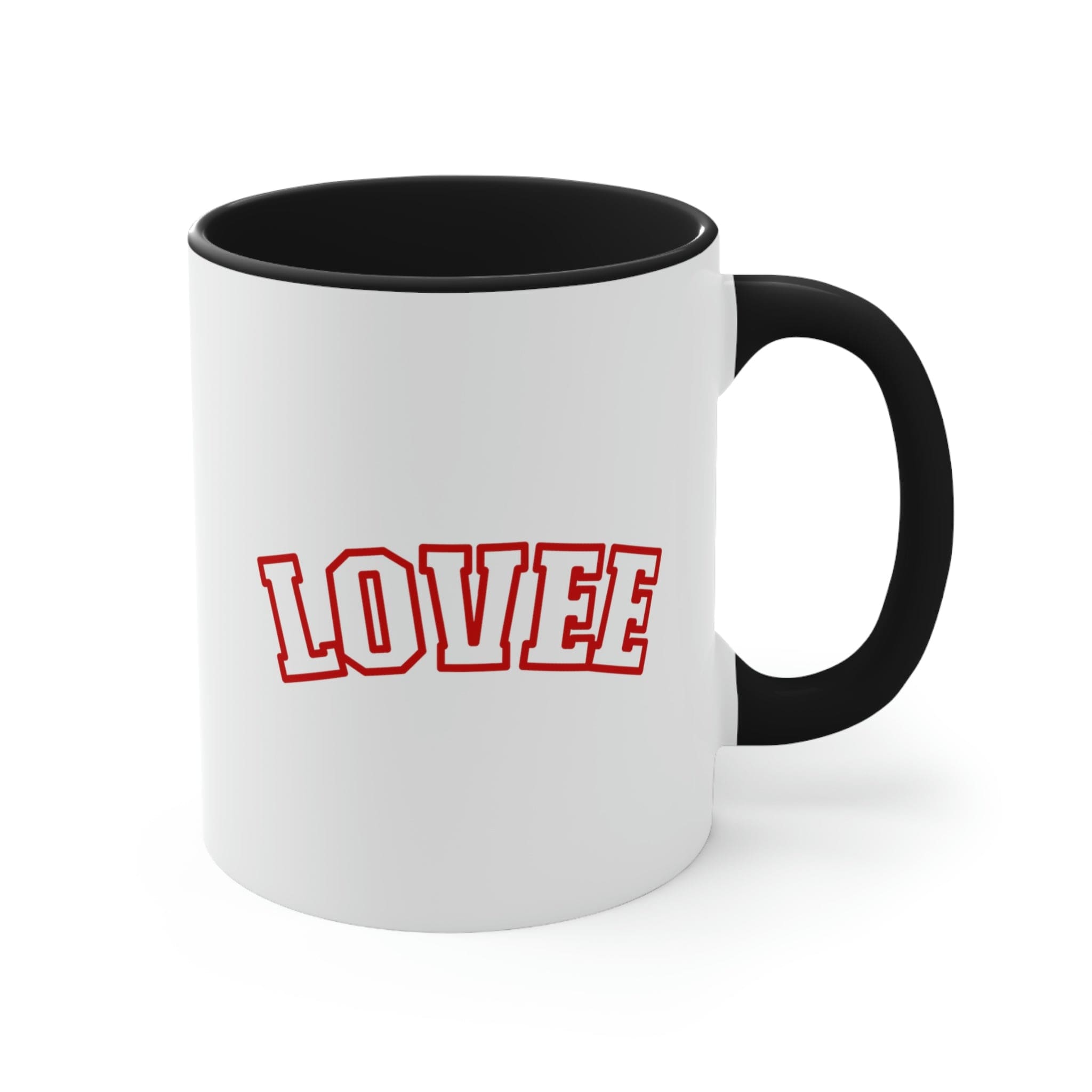 Two-tone ceramic mug with a white exterior and colored interior, featuring a comfortable C-handle.