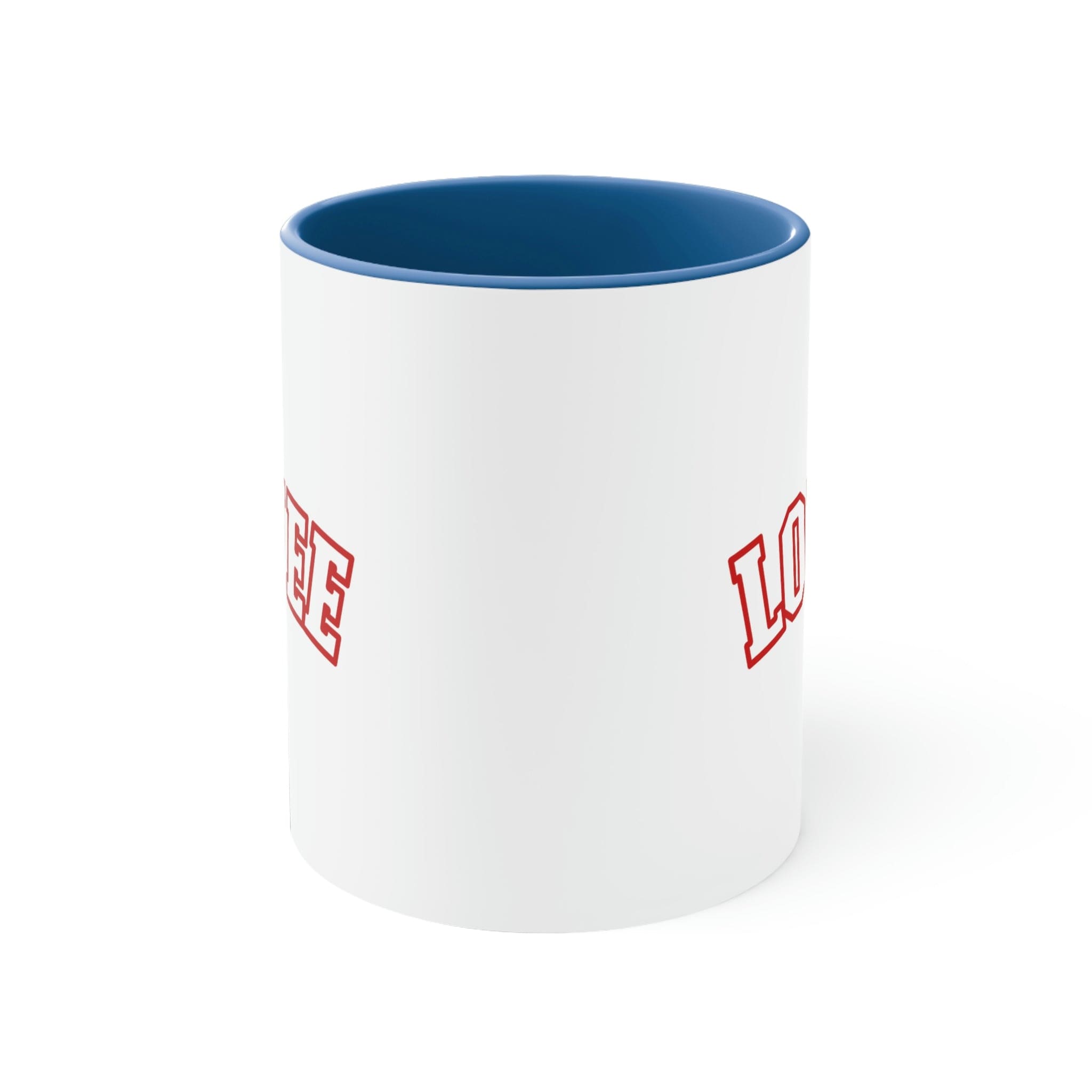 Two-tone ceramic mug with a white exterior and colored interior, featuring a comfortable C-handle.