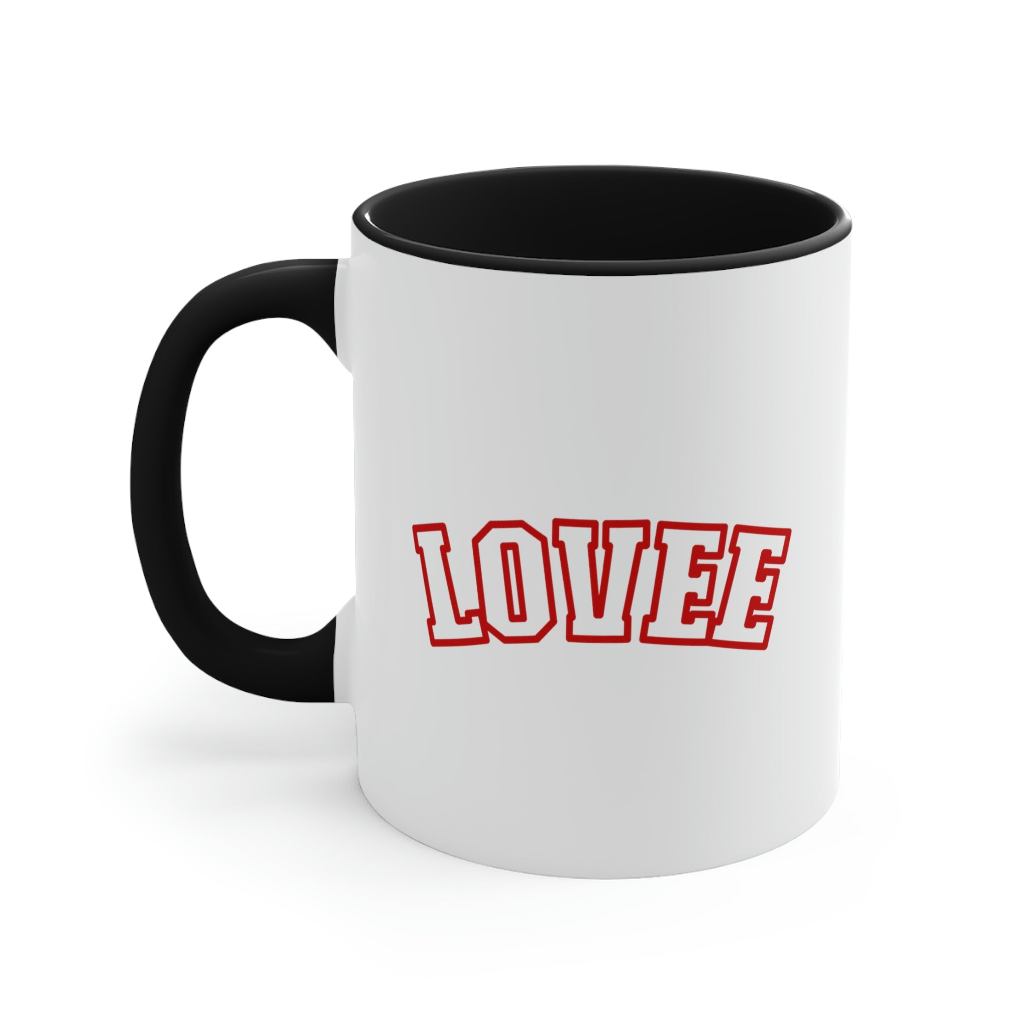 Two-tone ceramic mug with a white exterior and colored interior, featuring a comfortable C-handle.