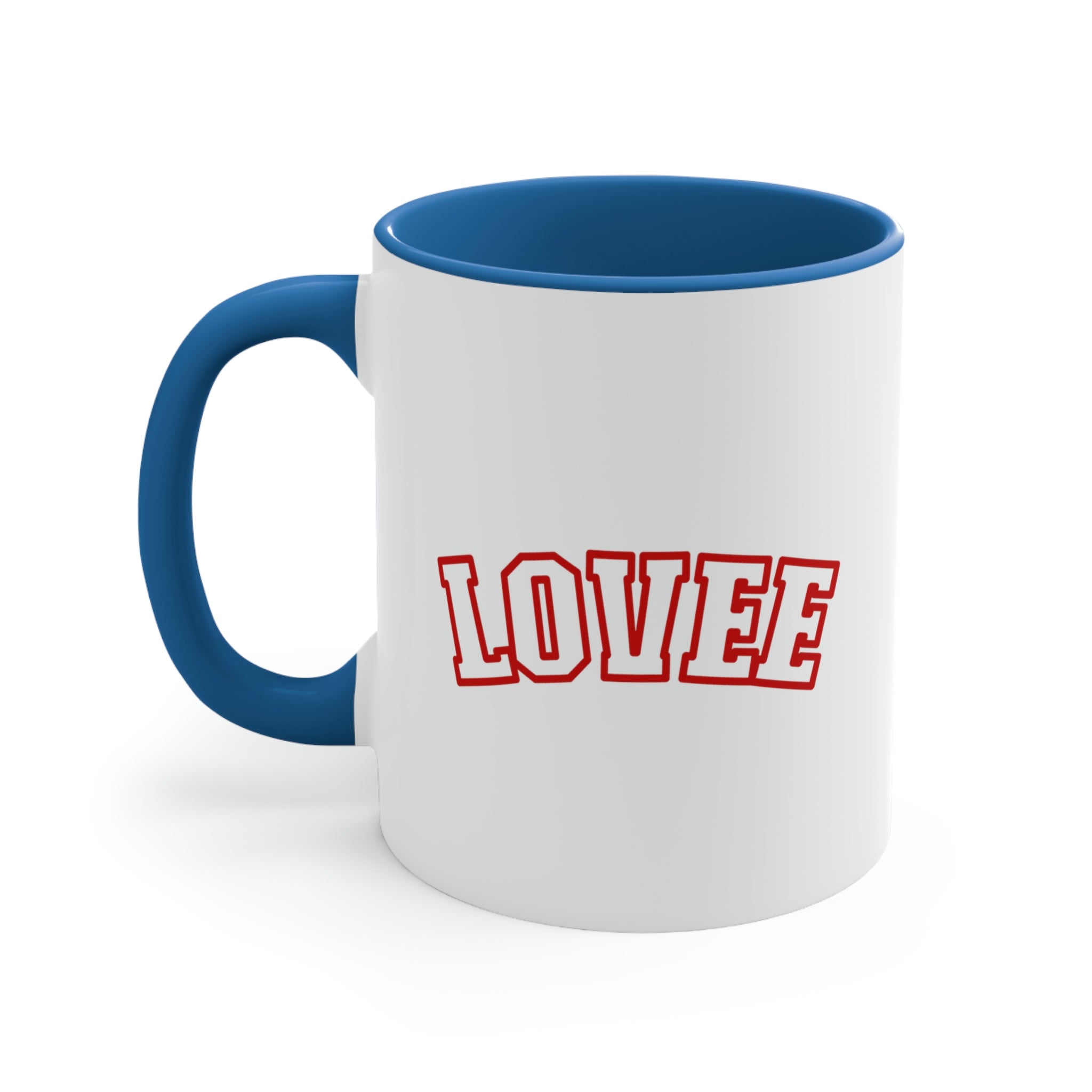 Two-tone ceramic mug with a white exterior and colored interior, featuring a comfortable C-handle.