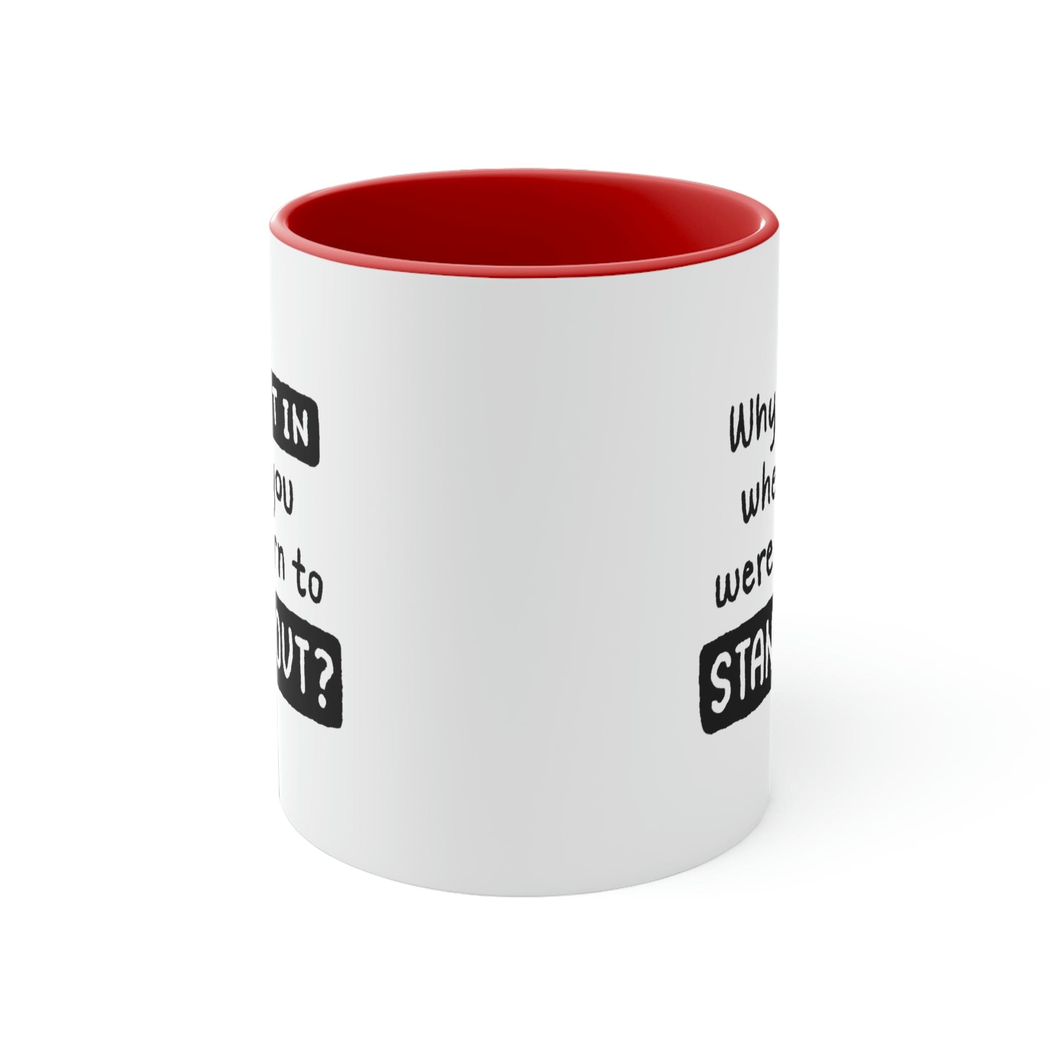 A vibrant two-tone ceramic mug with a colored interior and handle, showcasing a comfortable C-handle design.