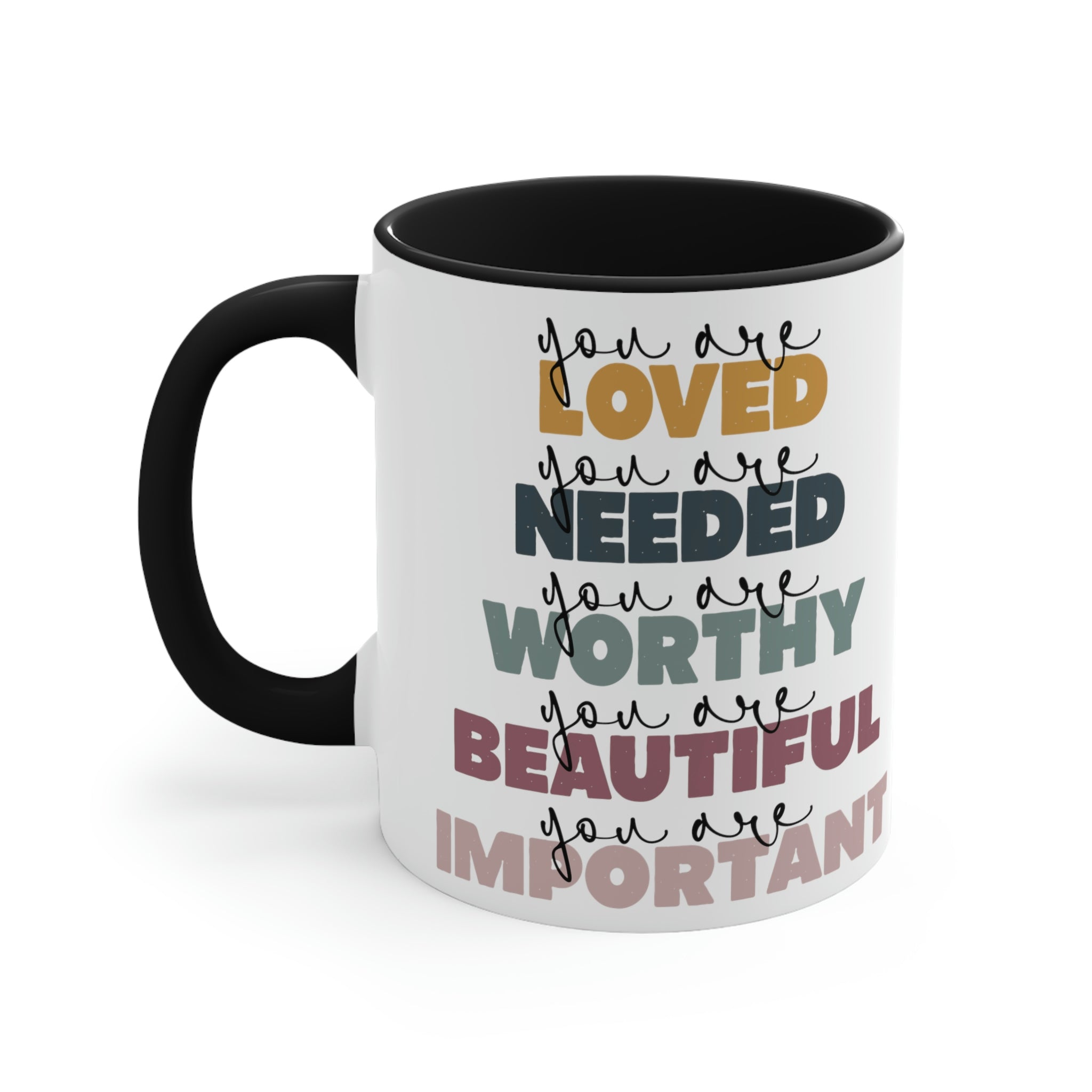 Two-tone ceramic mug with a white exterior and colored interior, featuring a C-handle and the phrase 'you are Loved'.