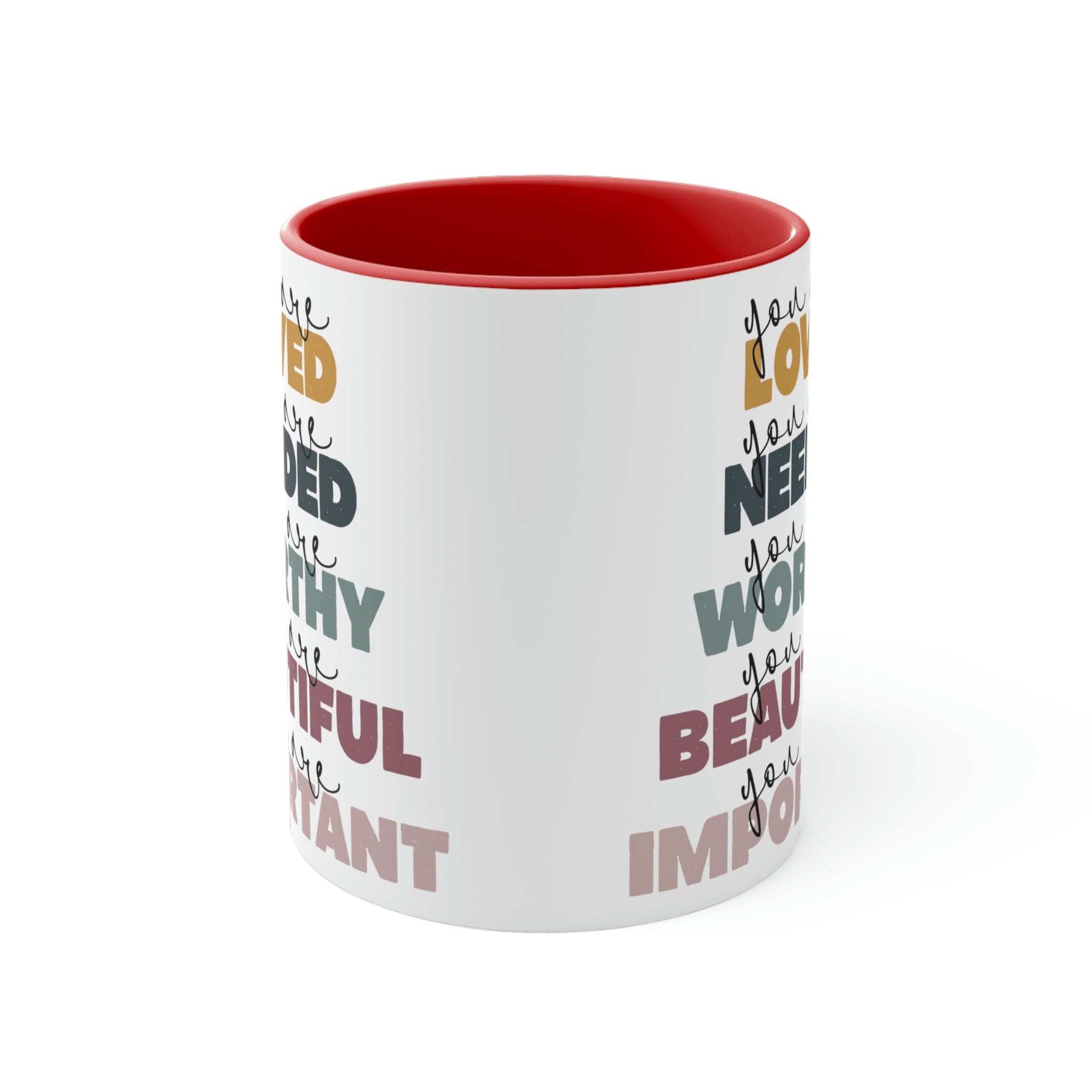 Two-tone ceramic mug with a white exterior and colored interior, featuring a C-handle and the phrase 'you are Loved'.