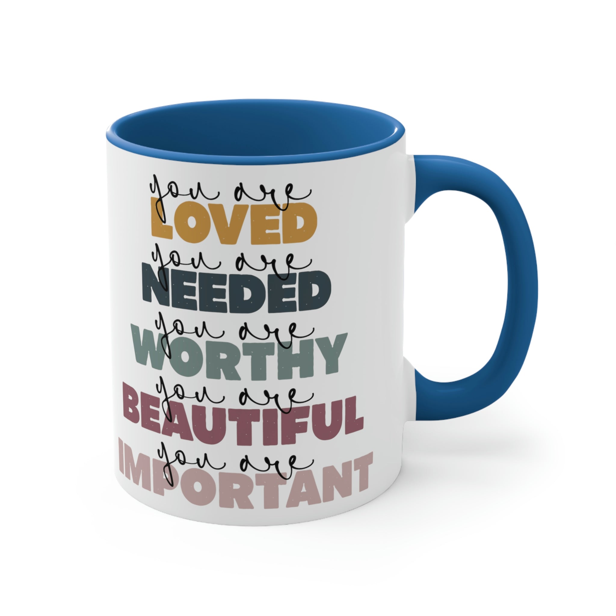 Two-tone ceramic mug with a white exterior and colored interior, featuring a C-handle and the phrase 'you are Loved'.