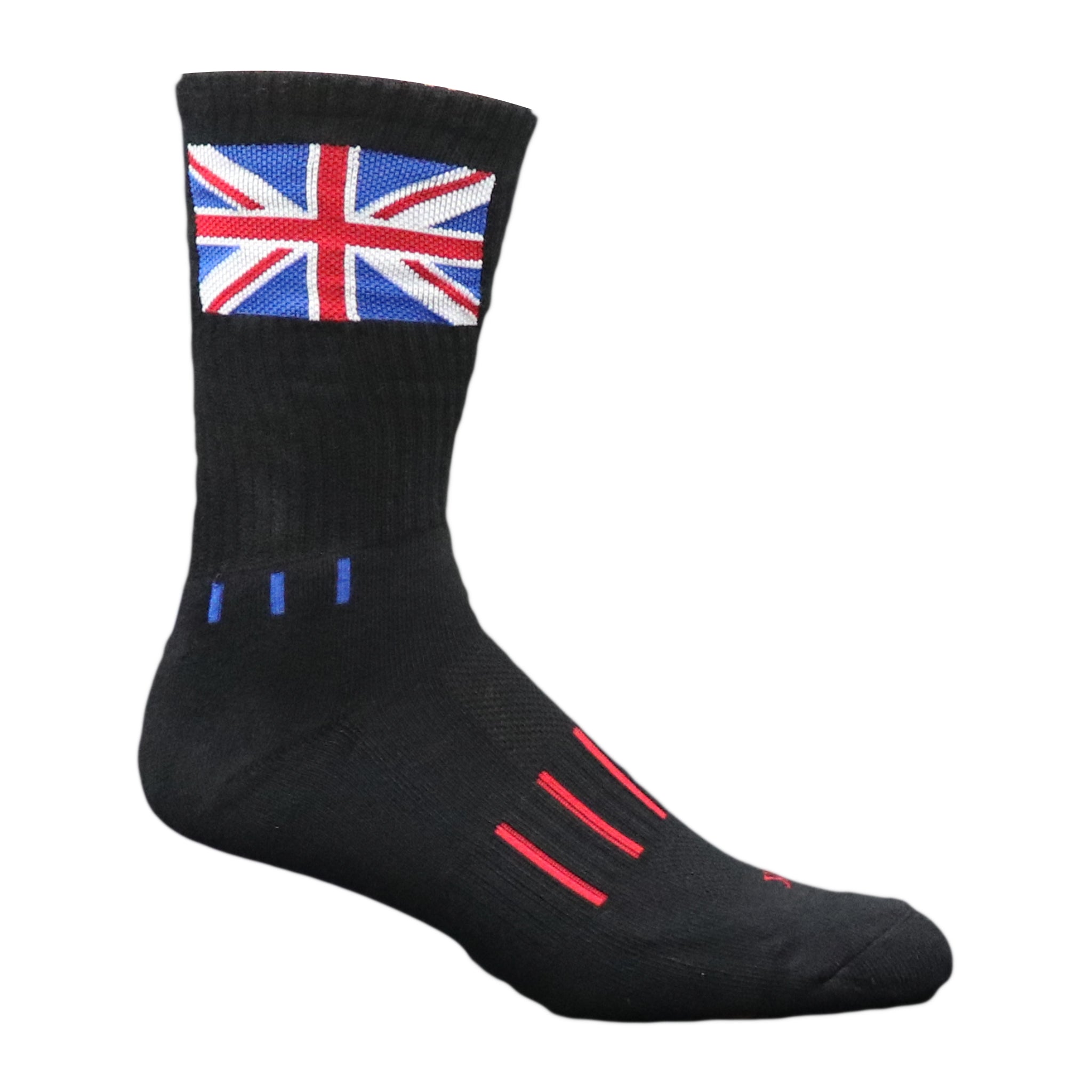 A pair of black knee-high crew socks featuring the UK Union Jack flag design, showcasing vibrant colors and Moxy performance technology.