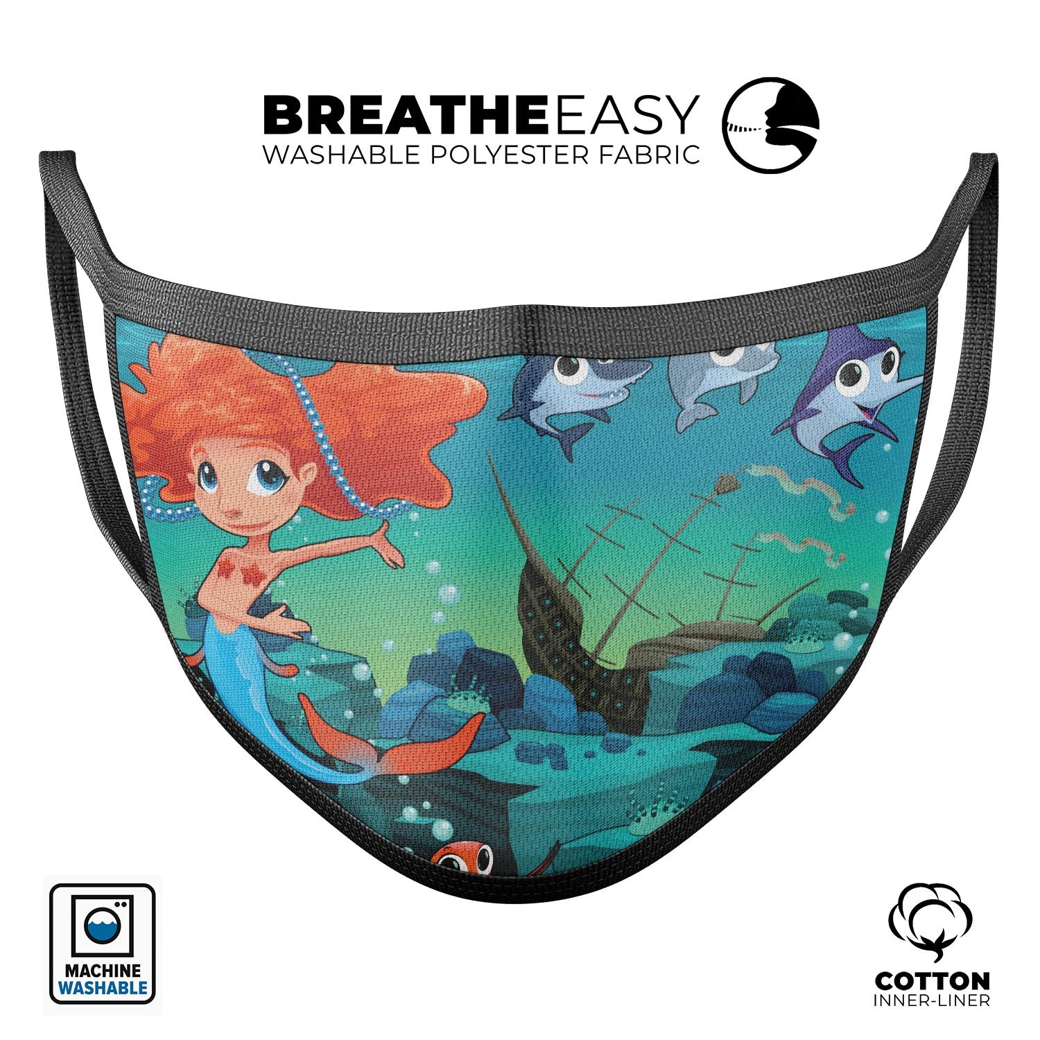 Under the Sea Mermaid V2 mouth cover featuring a vibrant mermaid design, made of soft cotton and memory foam for comfort.