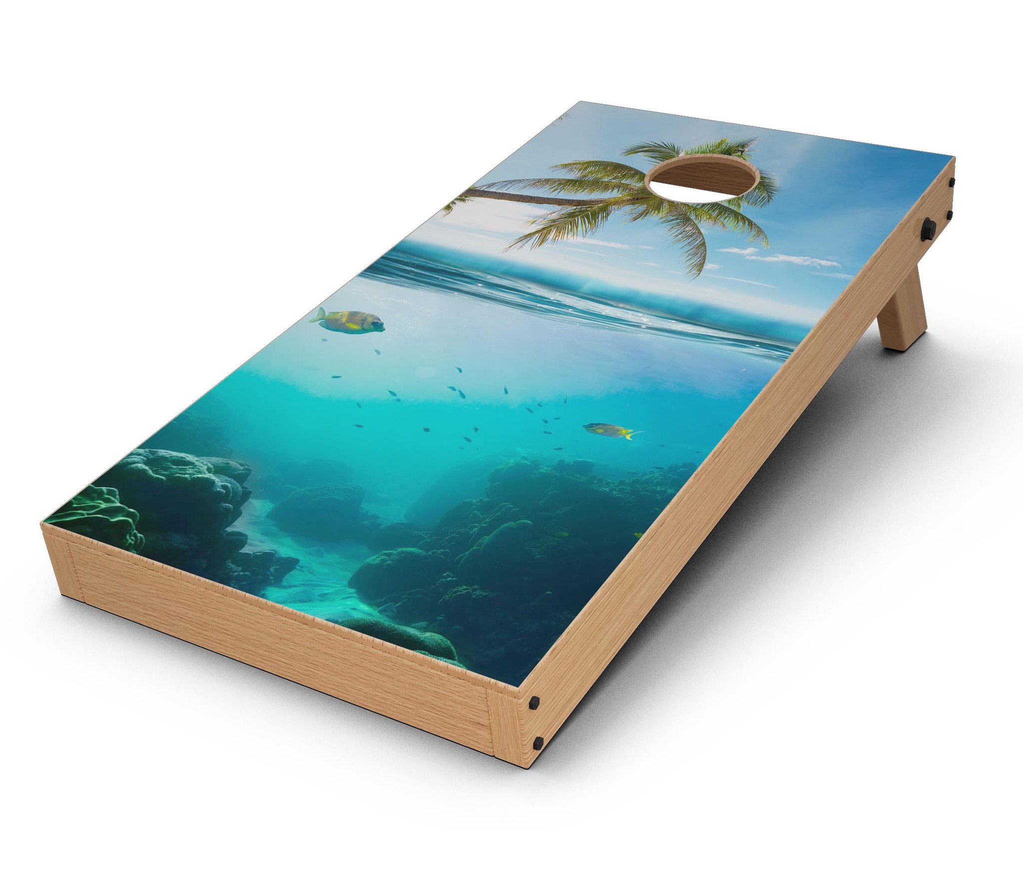 Underwater Reef CornHole Board Skin Decal Kit showcasing vibrant colors and intricate design for custom Cornhole boards.