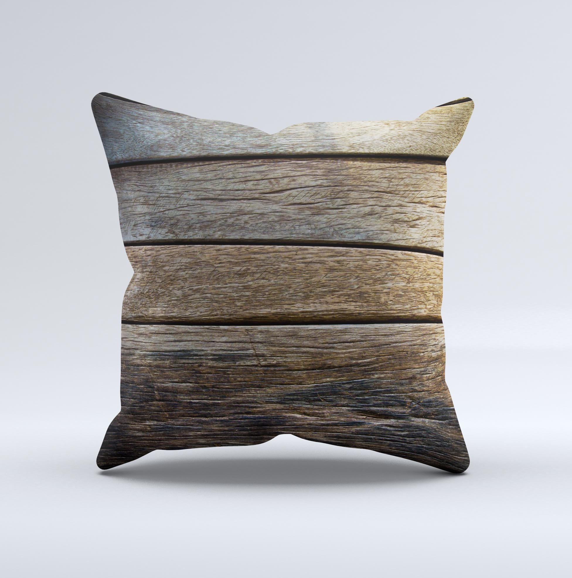 Uneven Dark Wooden Planks ink-Fuzed Decorative Throw Pillow showcasing a unique handcrafted design with a rustic aesthetic.