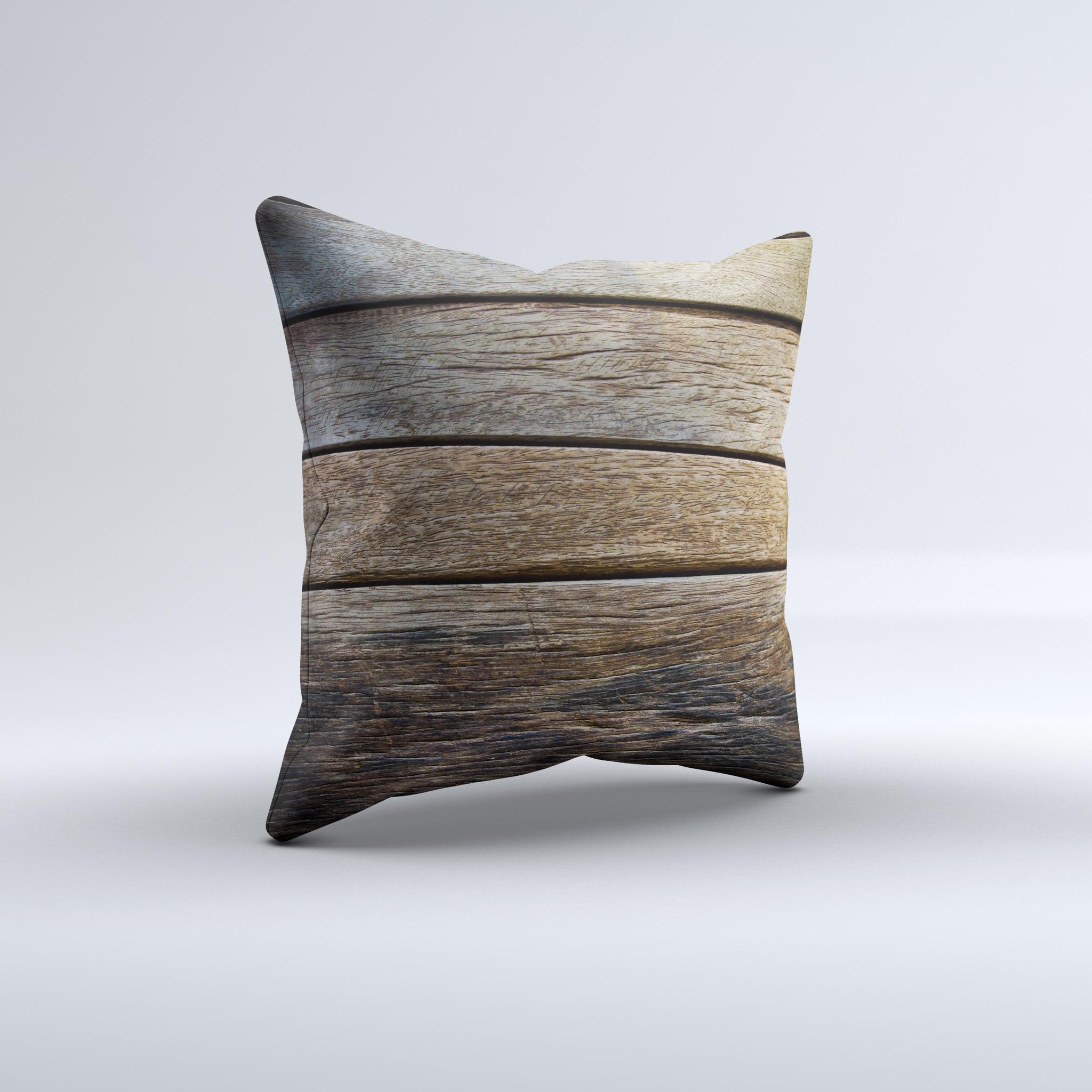 Uneven Dark Wooden Planks ink-Fuzed Decorative Throw Pillow showcasing a unique handcrafted design with a rustic aesthetic.