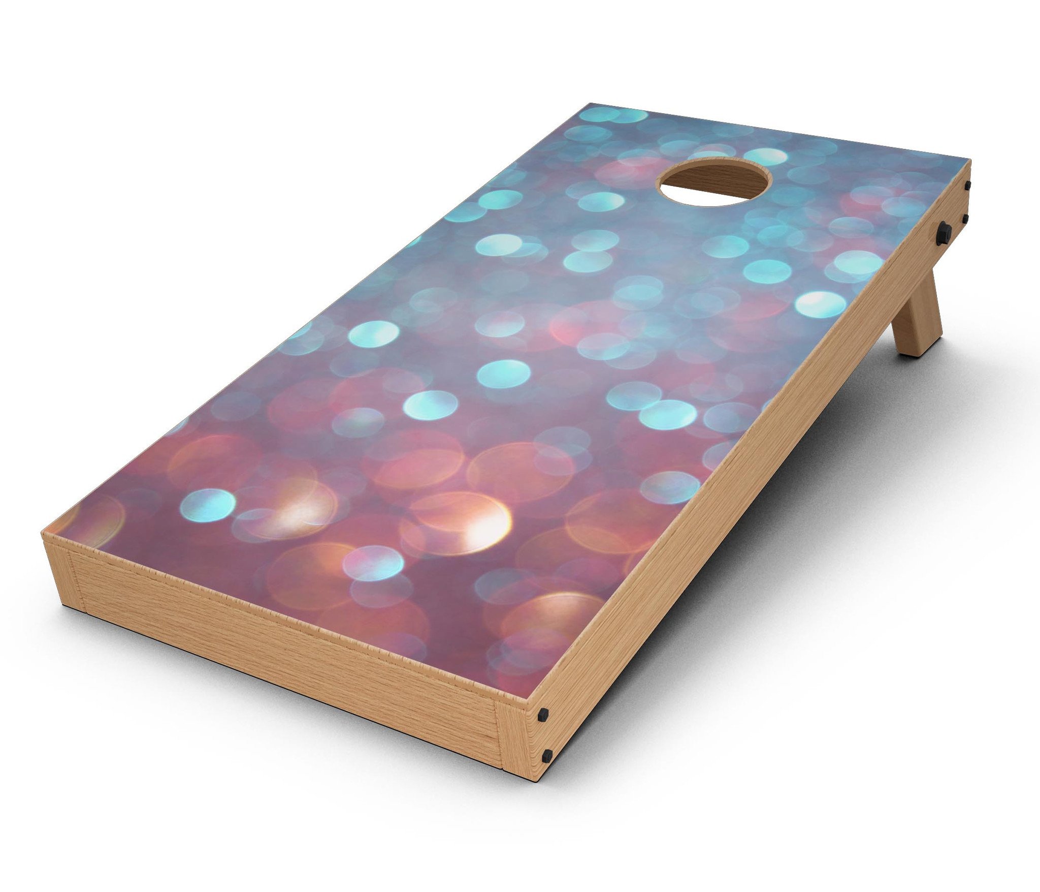 Unfocused Blue and Red Orbs CornHole Board Skin Decal Kit showcasing vibrant colors and abstract design.