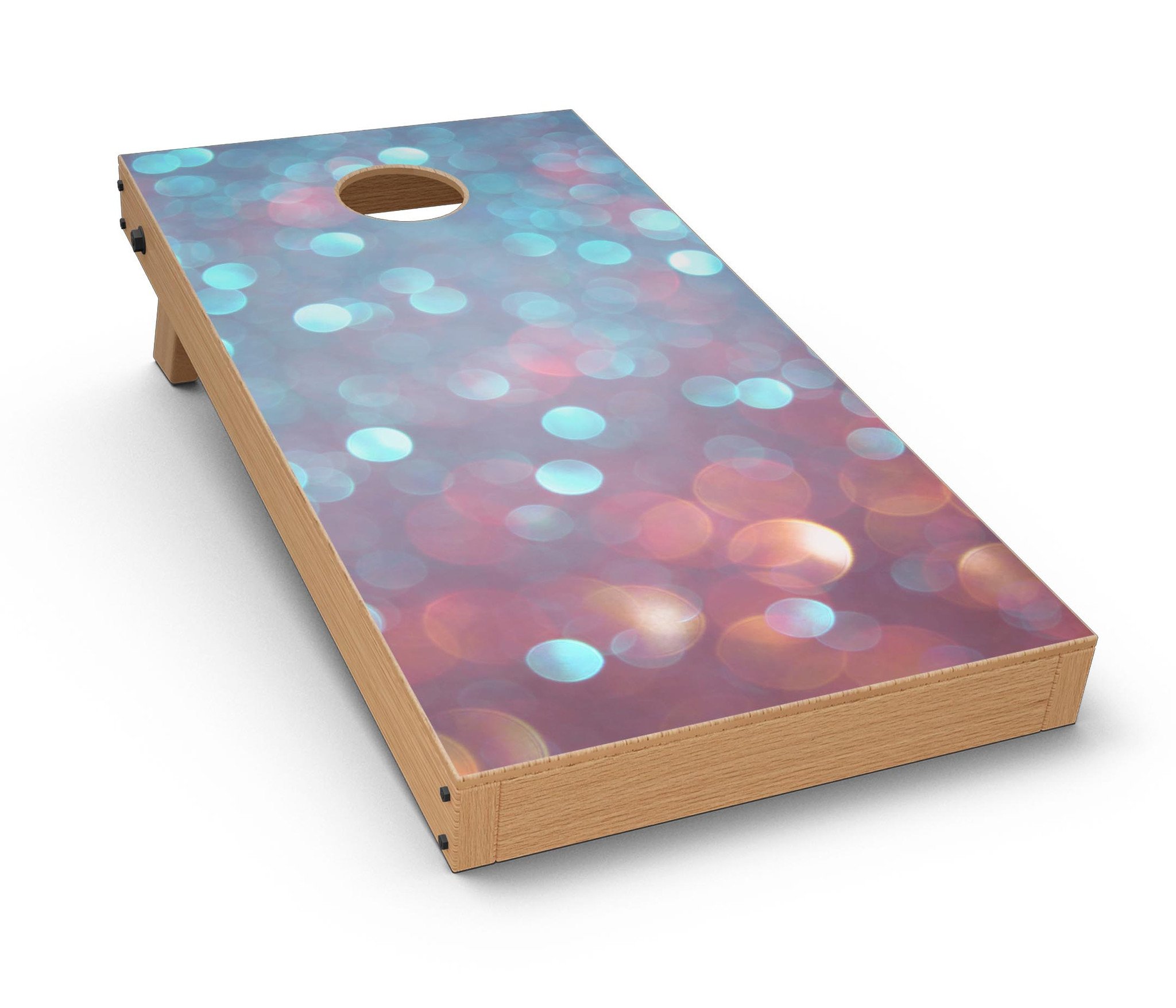 Unfocused Blue and Red Orbs CornHole Board Skin Decal Kit showcasing vibrant colors and abstract design.