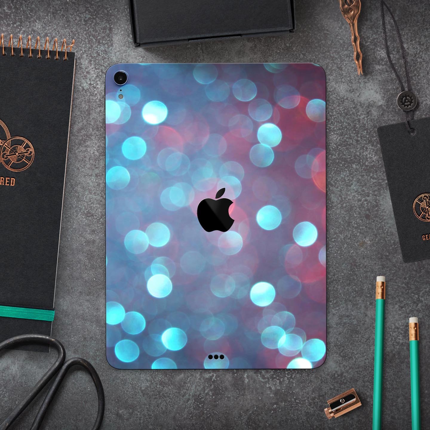 Unfocused Blue and Red Orbs skin decal for Apple iPad, showcasing vibrant colors and unique design.