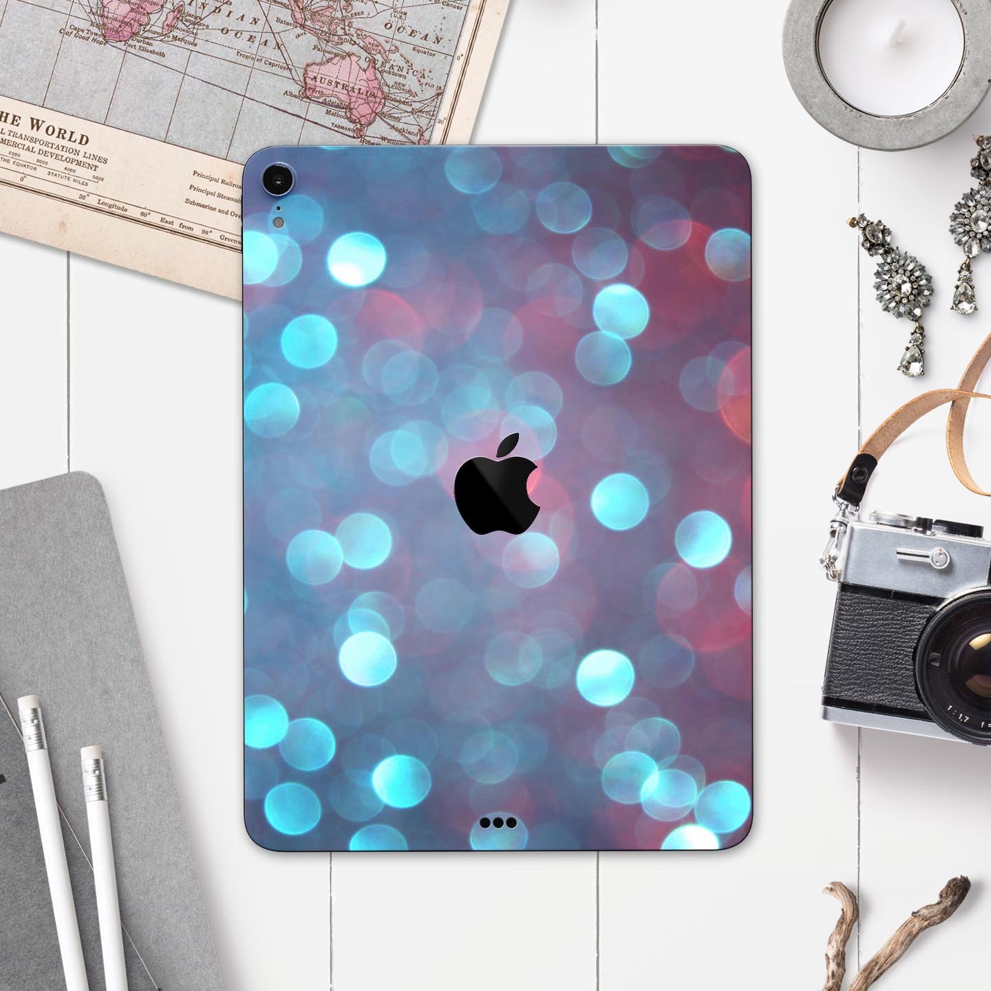 Unfocused Blue and Red Orbs skin decal for Apple iPad, showcasing vibrant colors and unique design.