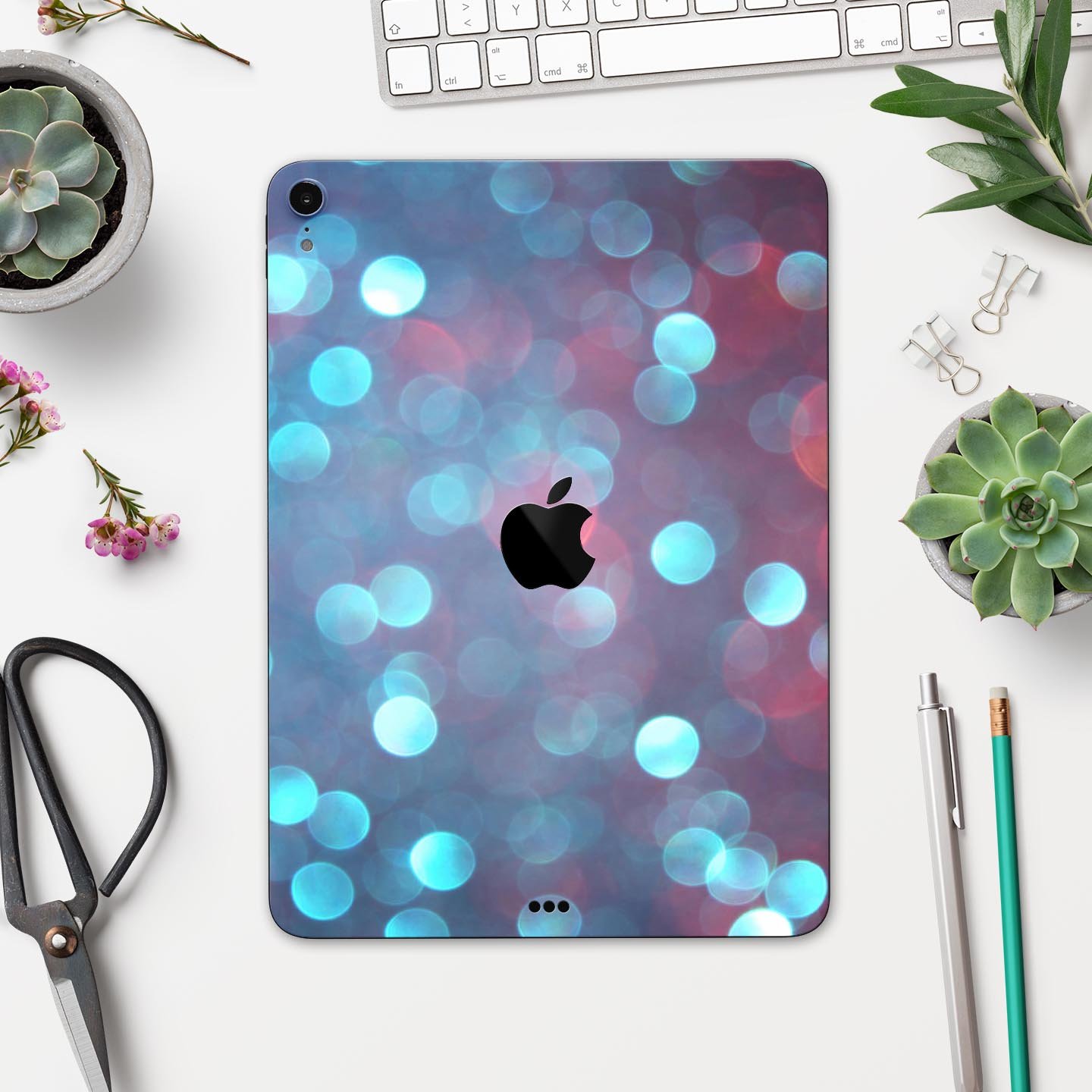 Unfocused Blue and Red Orbs skin decal for Apple iPad, showcasing vibrant colors and unique design.