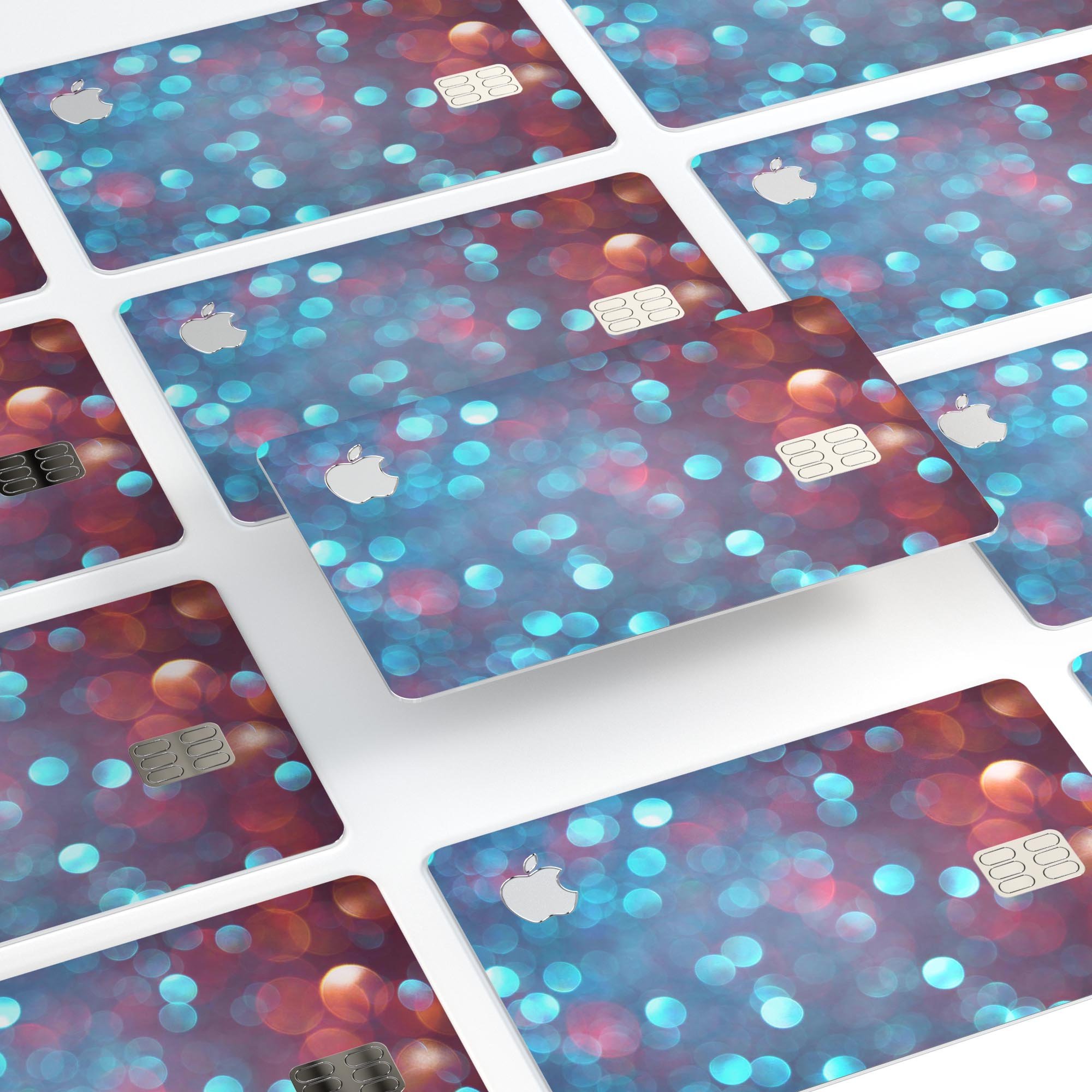 Unfocused Blue and Red Orbs decal skin-kit for Apple Card, showcasing vibrant colors and premium vinyl material.