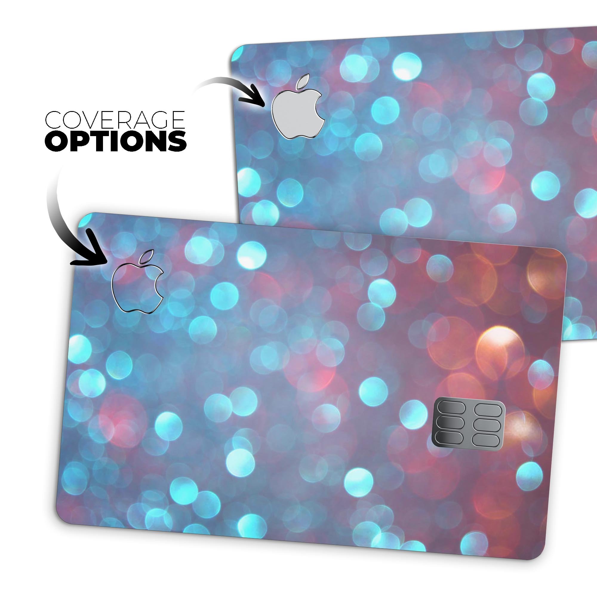 Unfocused Blue and Red Orbs decal skin-kit for Apple Card, showcasing vibrant colors and premium vinyl material.