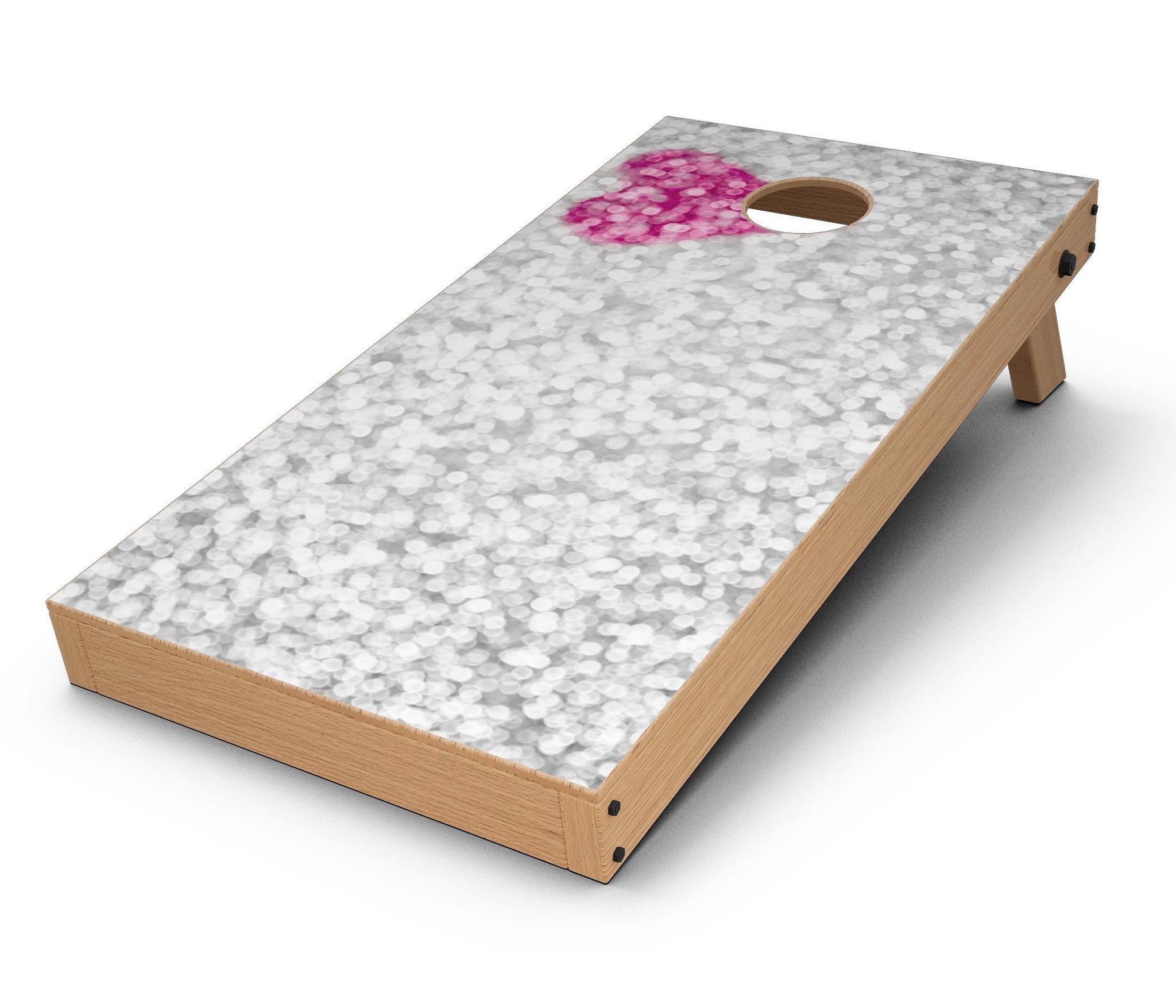 Unfocused Heart Glimmer CornHole Board Skin Decal Kit displayed on a Cornhole board, showcasing vibrant colors and design.