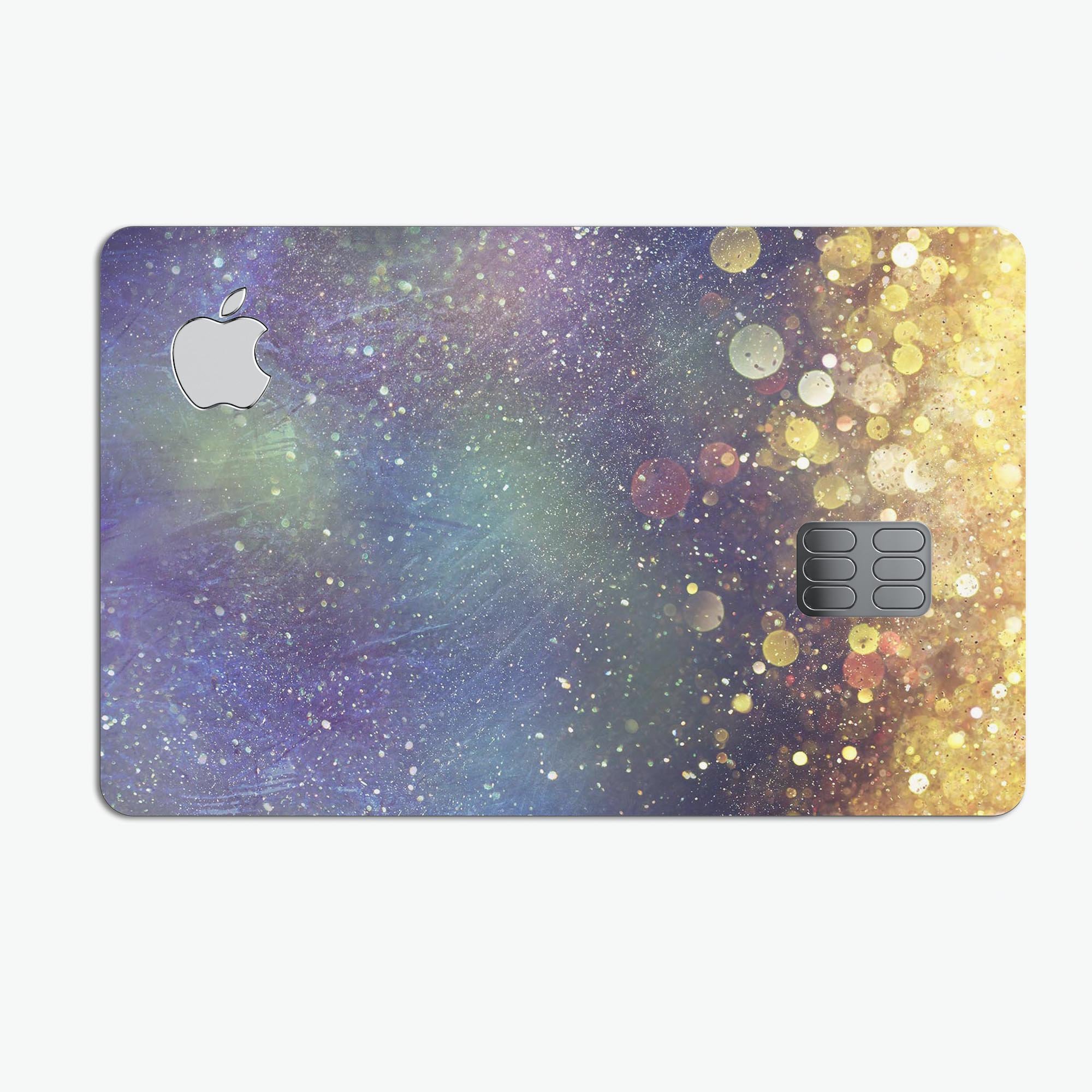 Unfocused MultiColor Gold Sparkle skin applied on an Apple Card, showcasing vibrant colors and a glossy finish.