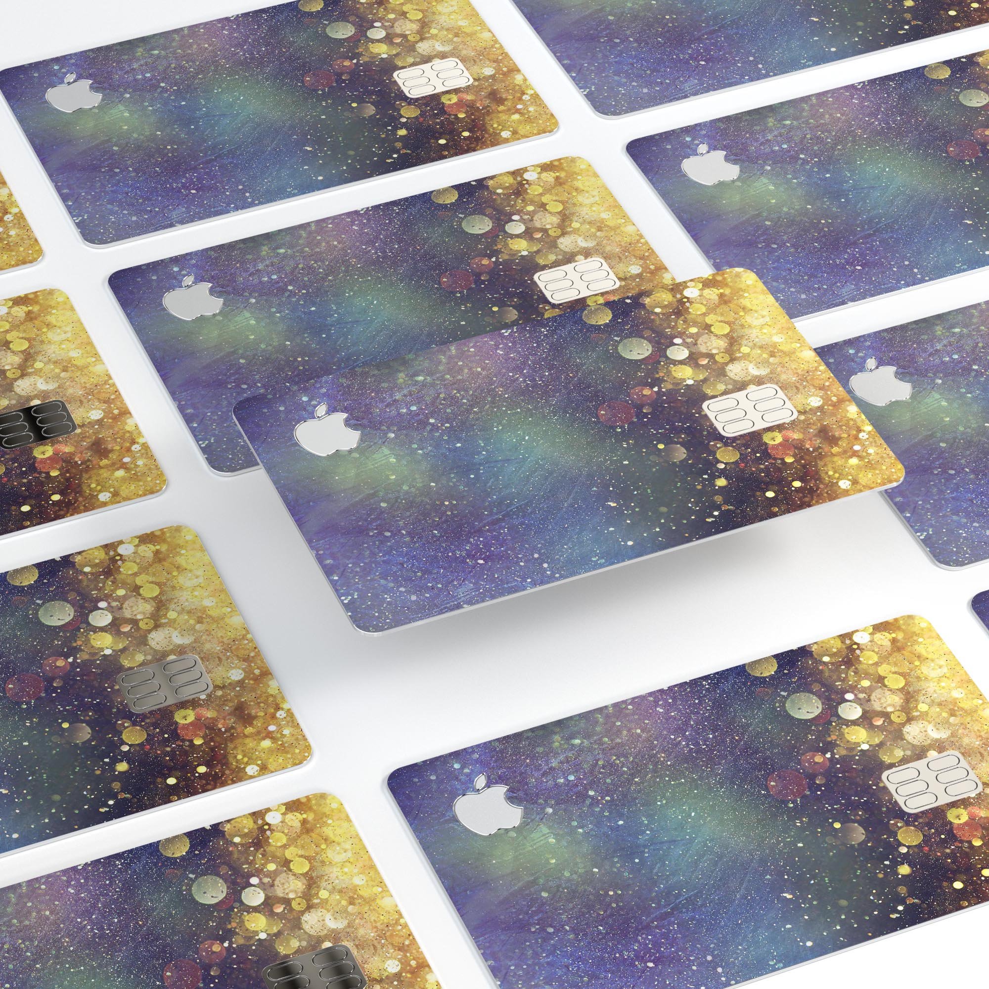 Unfocused MultiColor Gold Sparkle skin applied on an Apple Card, showcasing vibrant colors and a glossy finish.