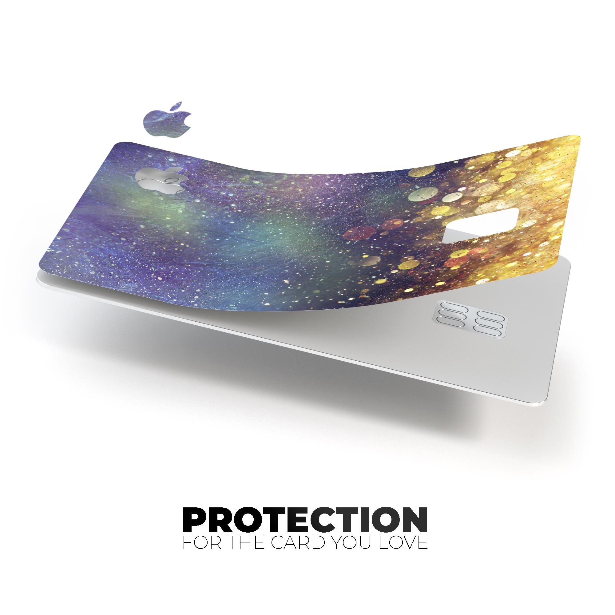 Unfocused MultiColor Gold Sparkle skin applied on an Apple Card, showcasing vibrant colors and a glossy finish.