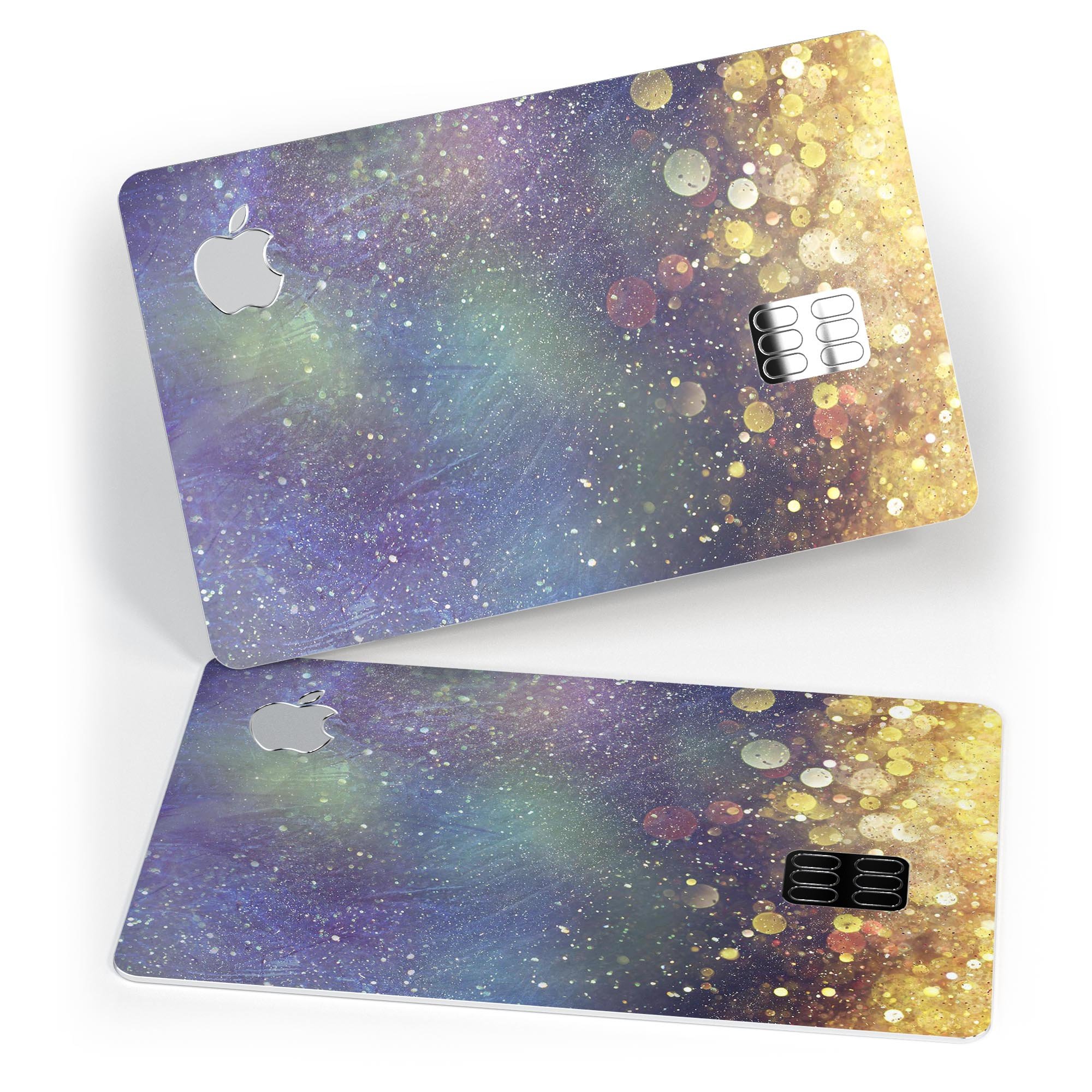 Unfocused MultiColor Gold Sparkle skin applied on an Apple Card, showcasing vibrant colors and a glossy finish.