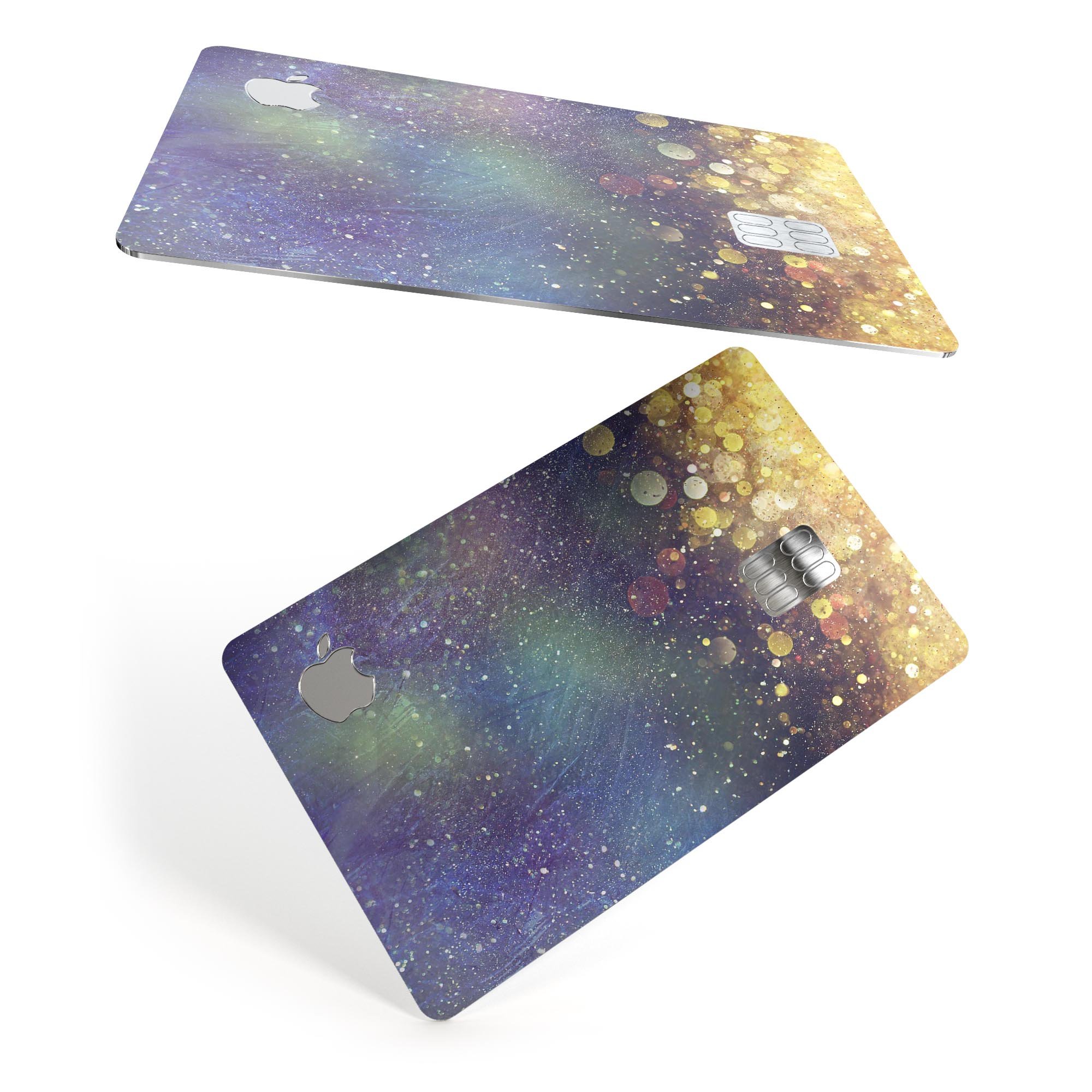 Unfocused MultiColor Gold Sparkle skin applied on an Apple Card, showcasing vibrant colors and a glossy finish.