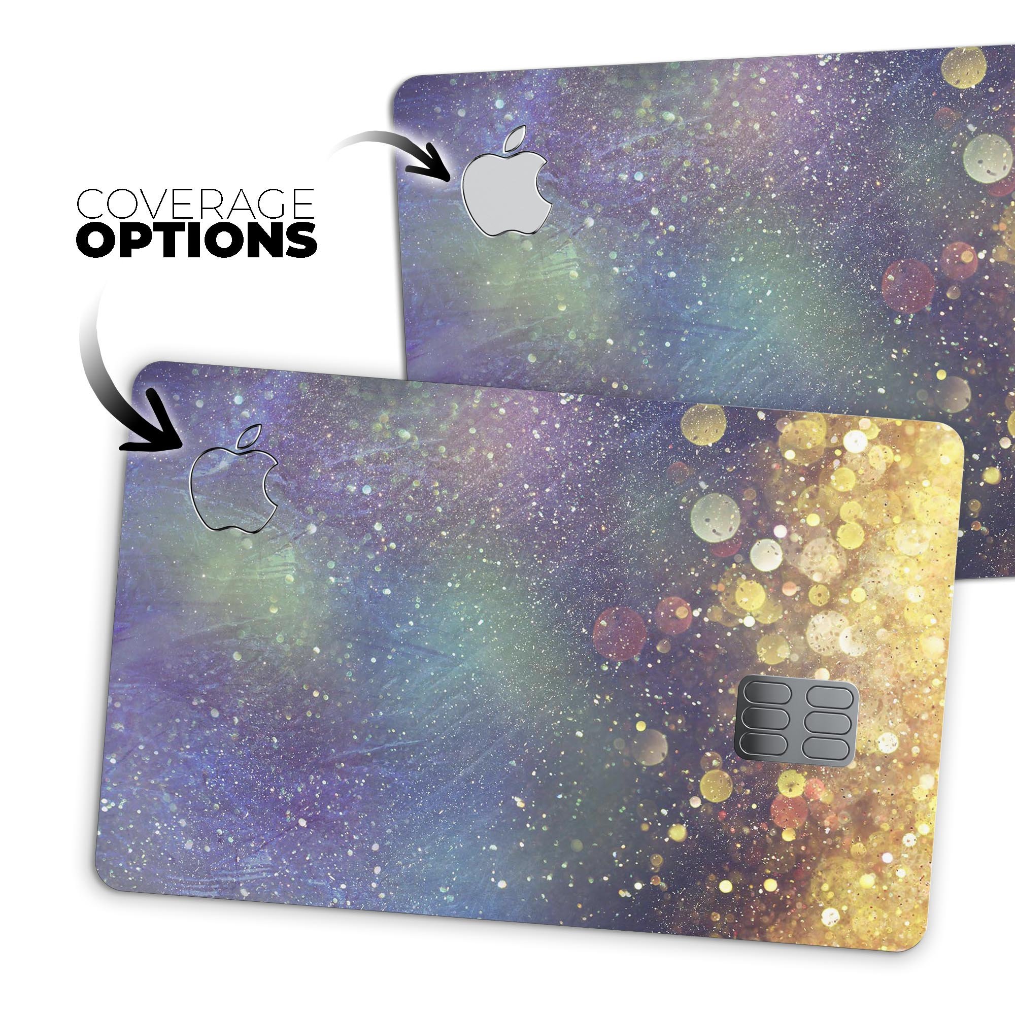 Unfocused MultiColor Gold Sparkle skin applied on an Apple Card, showcasing vibrant colors and a glossy finish.