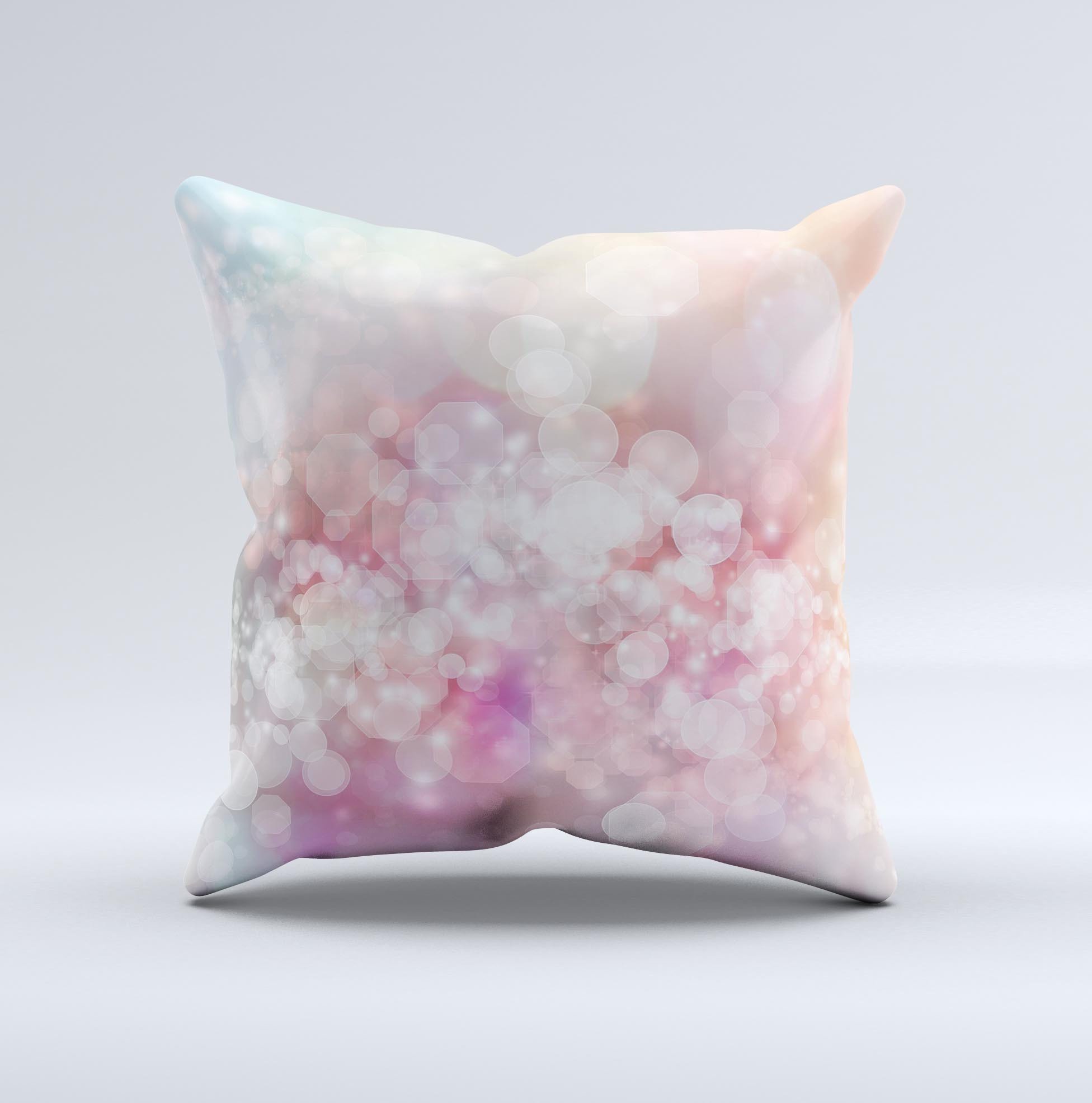 A handcrafted decorative throw pillow featuring unfocused pink abstract lights design, showcasing unique imperfections.