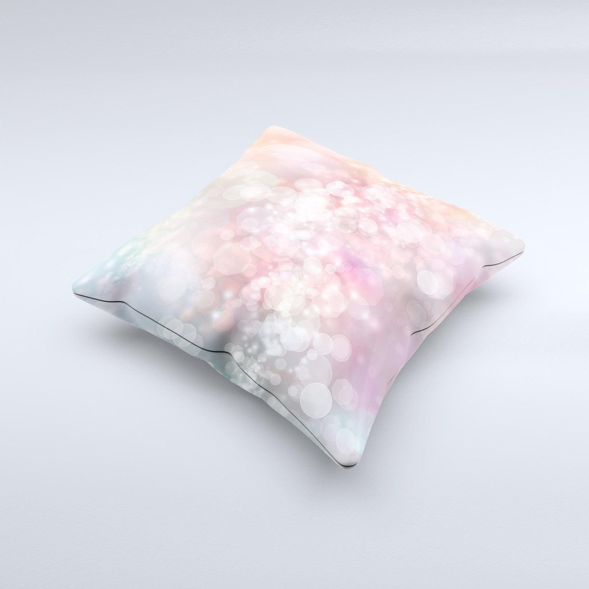 A handcrafted decorative throw pillow featuring unfocused pink abstract lights design, showcasing unique imperfections.