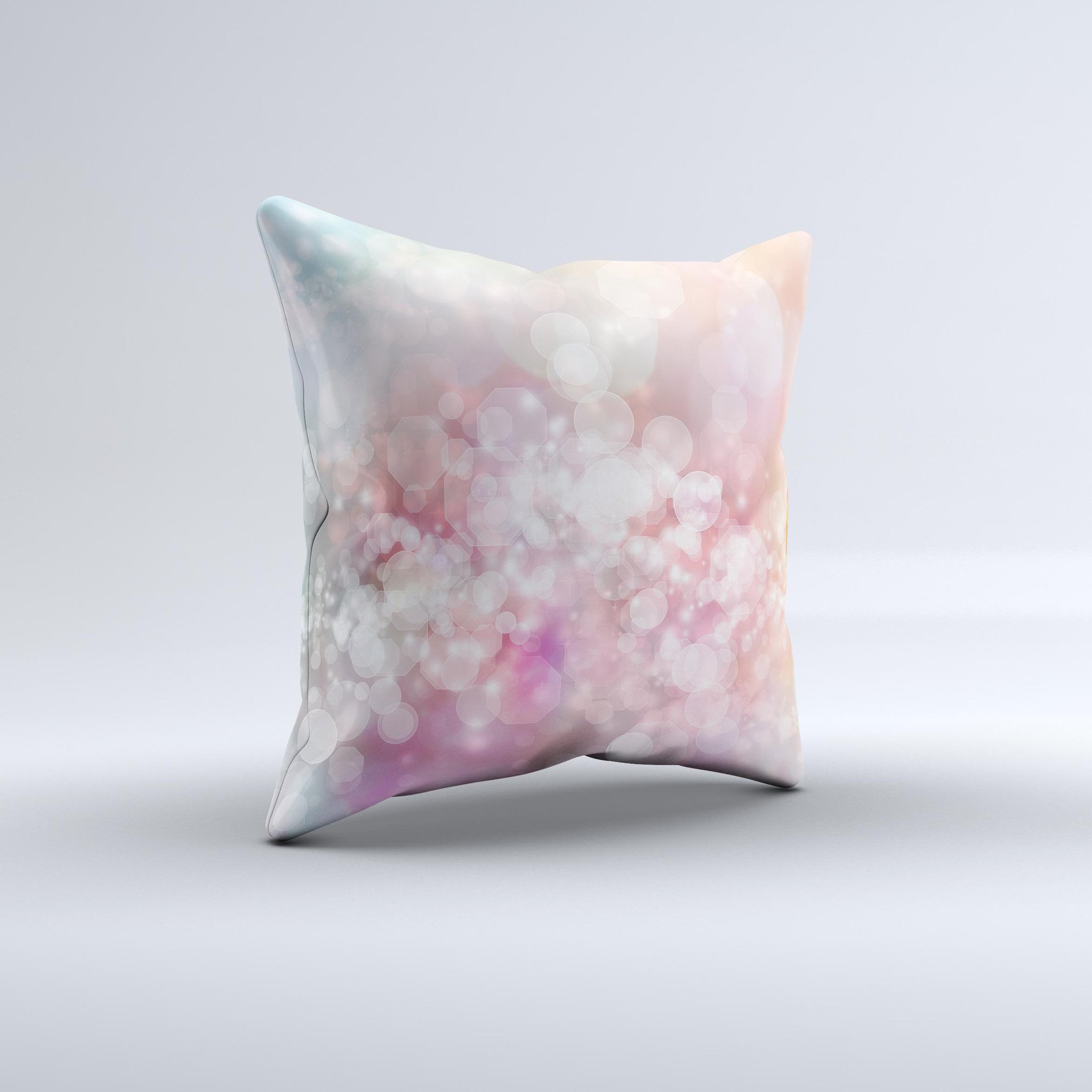 A handcrafted decorative throw pillow featuring unfocused pink abstract lights design, showcasing unique imperfections.