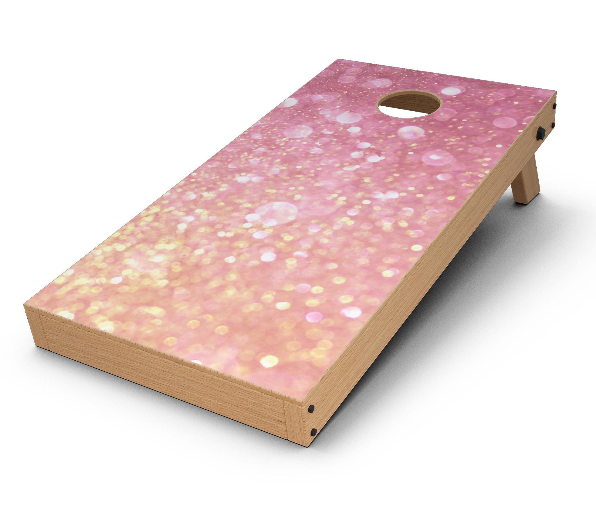 Unfocused Pink and Gold Orbs CornHole Board Skin Decal Kit showcasing vibrant colors and unique design.