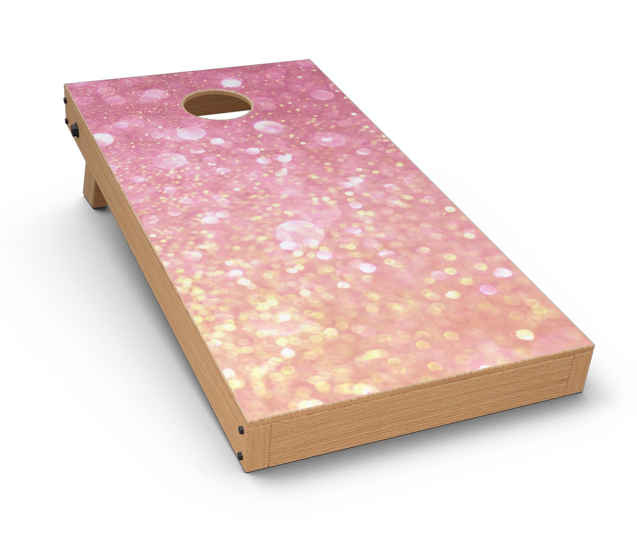 Unfocused Pink and Gold Orbs CornHole Board Skin Decal Kit showcasing vibrant colors and unique design.