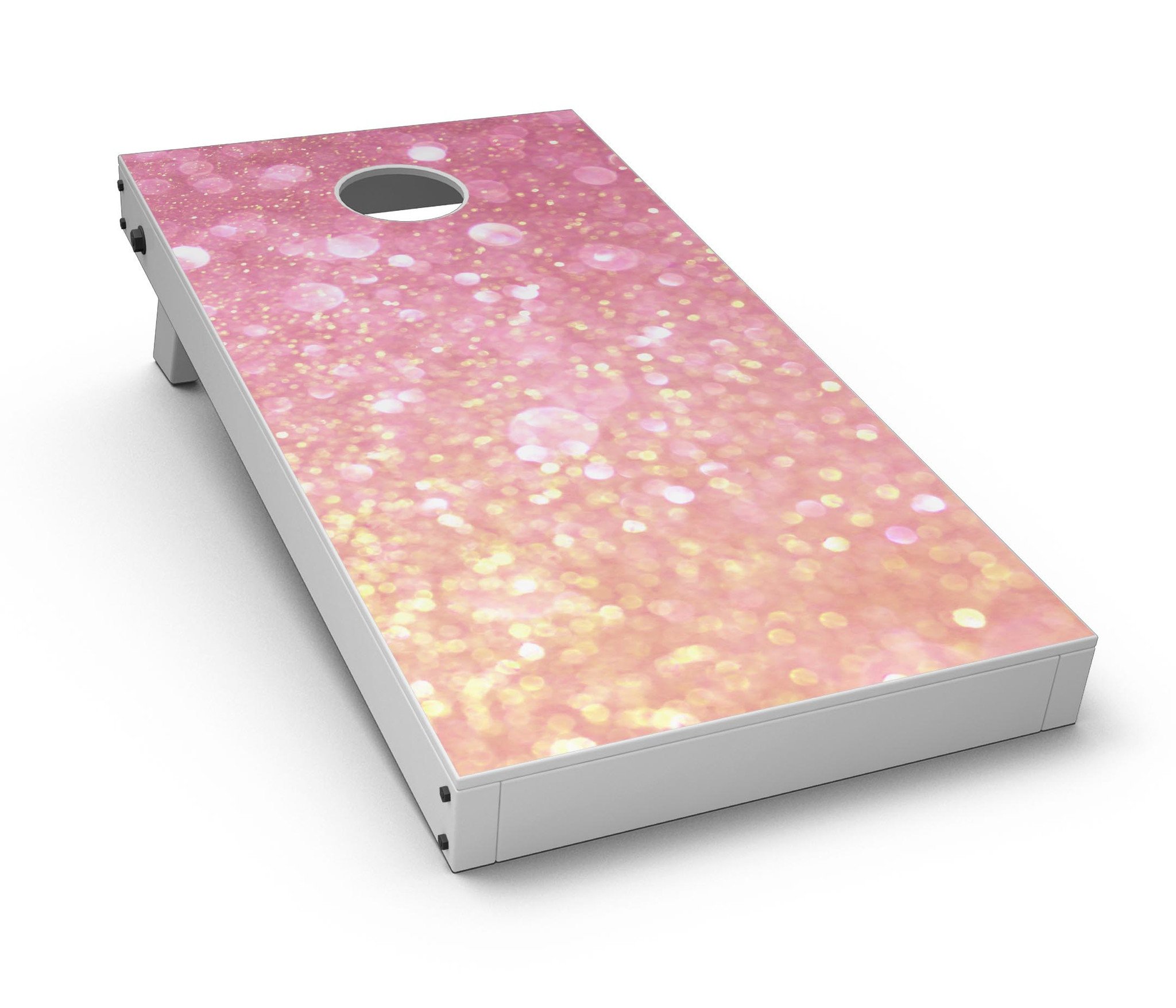 Unfocused Pink and Gold Orbs CornHole Board Skin Decal Kit showcasing vibrant colors and unique design.