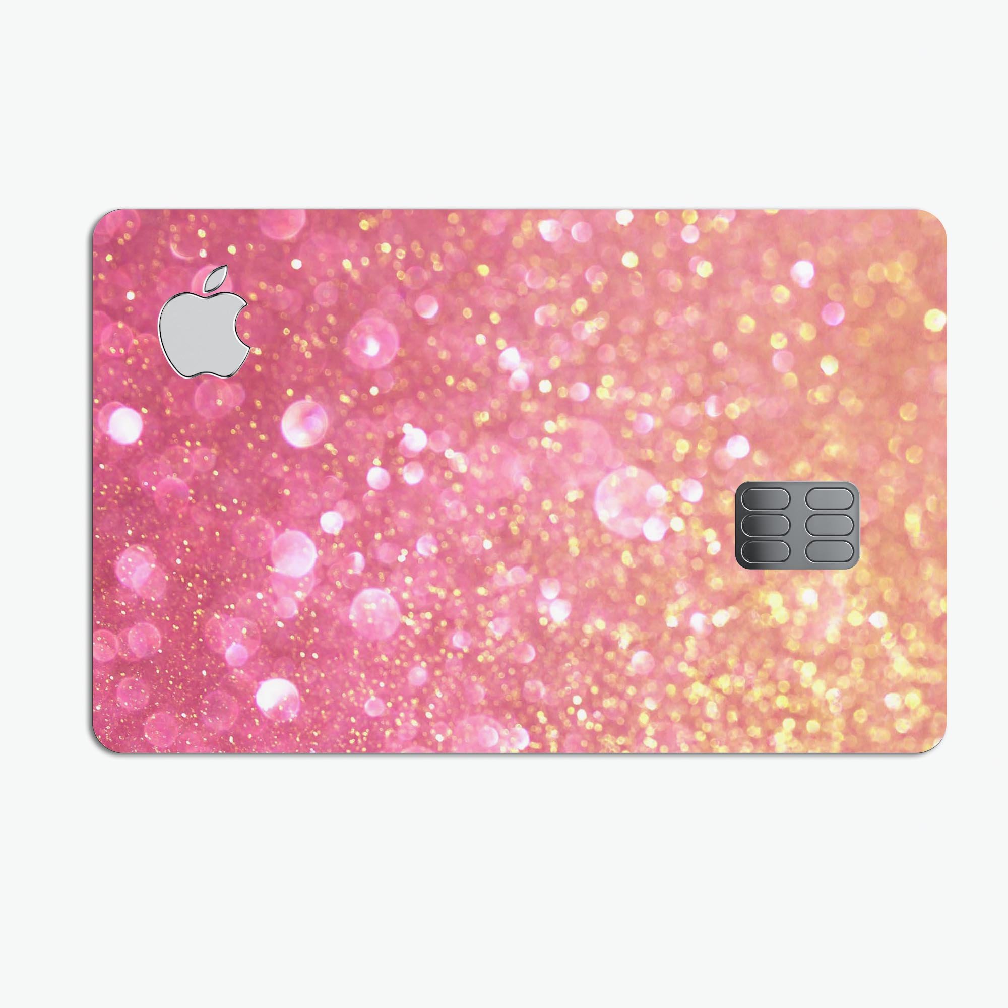 Unfocused Pink and Gold Orbs skin kit for Apple Card, showcasing vibrant colors and premium vinyl material.